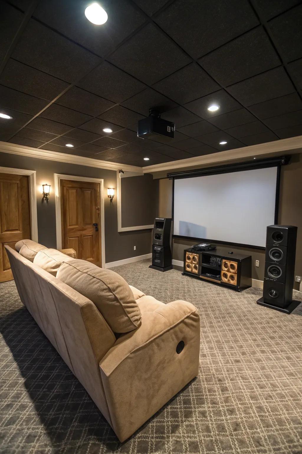 A basement transformed into a cinematic home theater.