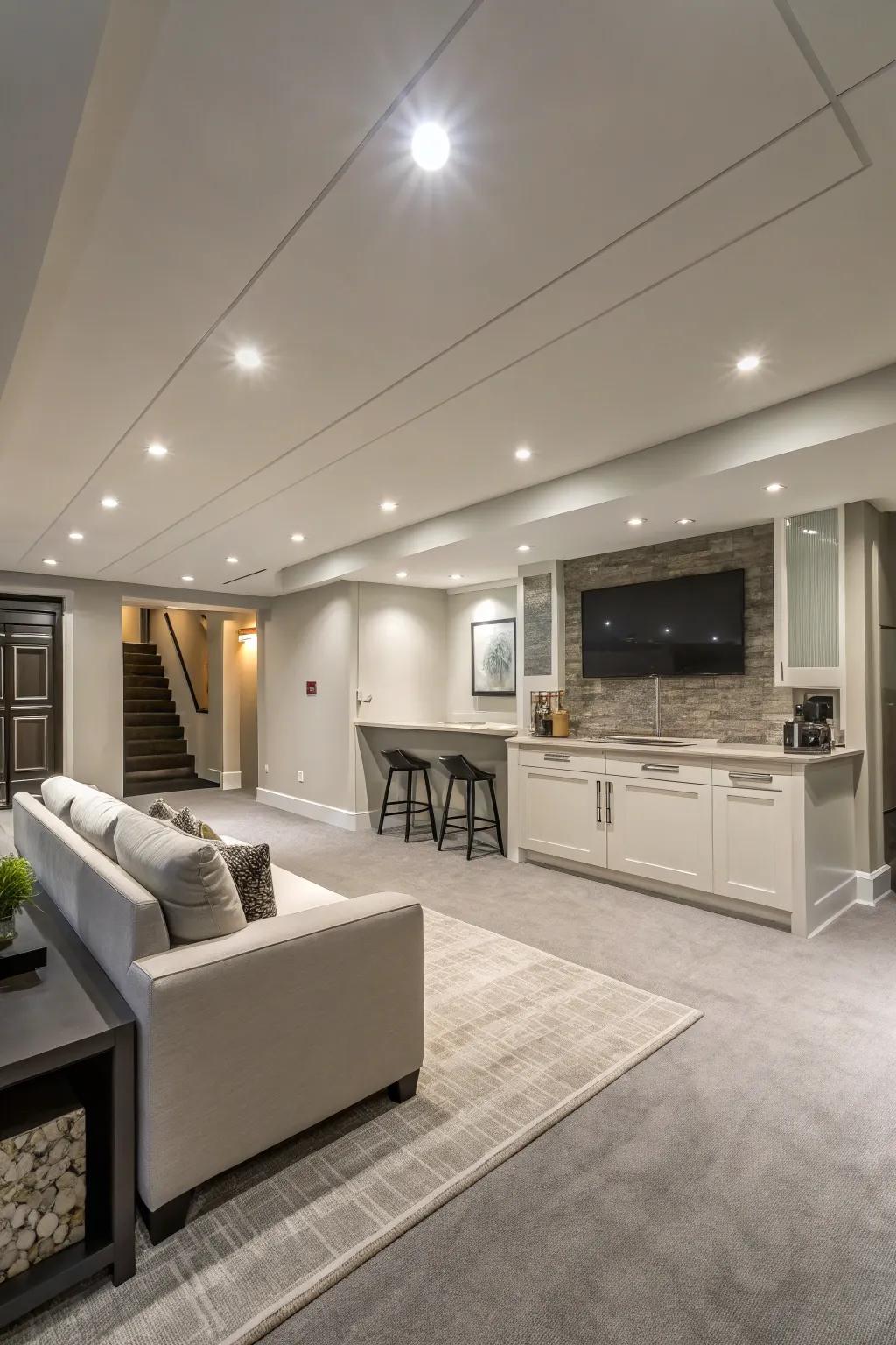 Recessed lighting keeps your basement feeling spacious and bright.