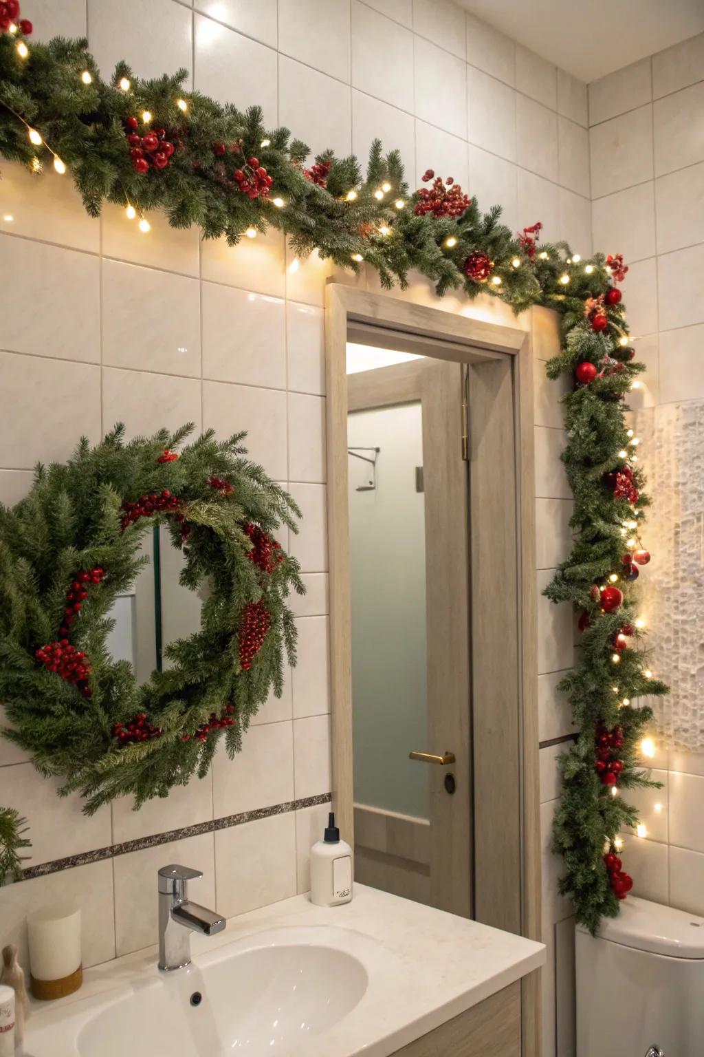 A wreath and garland transform this bathroom into a cozy holiday retreat.