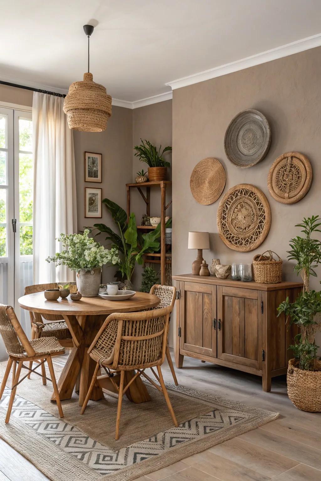 Earthy neutrals offer a calming and harmonious dining environment.