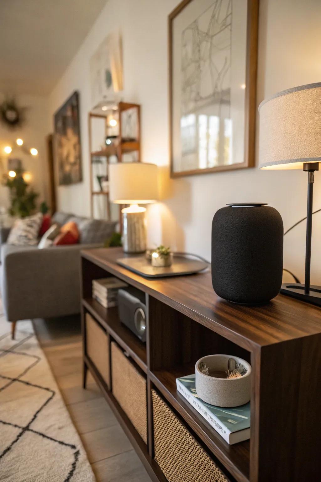 A smart speaker blends seamlessly into a mid-century modern living room, enhancing both style and functionality.