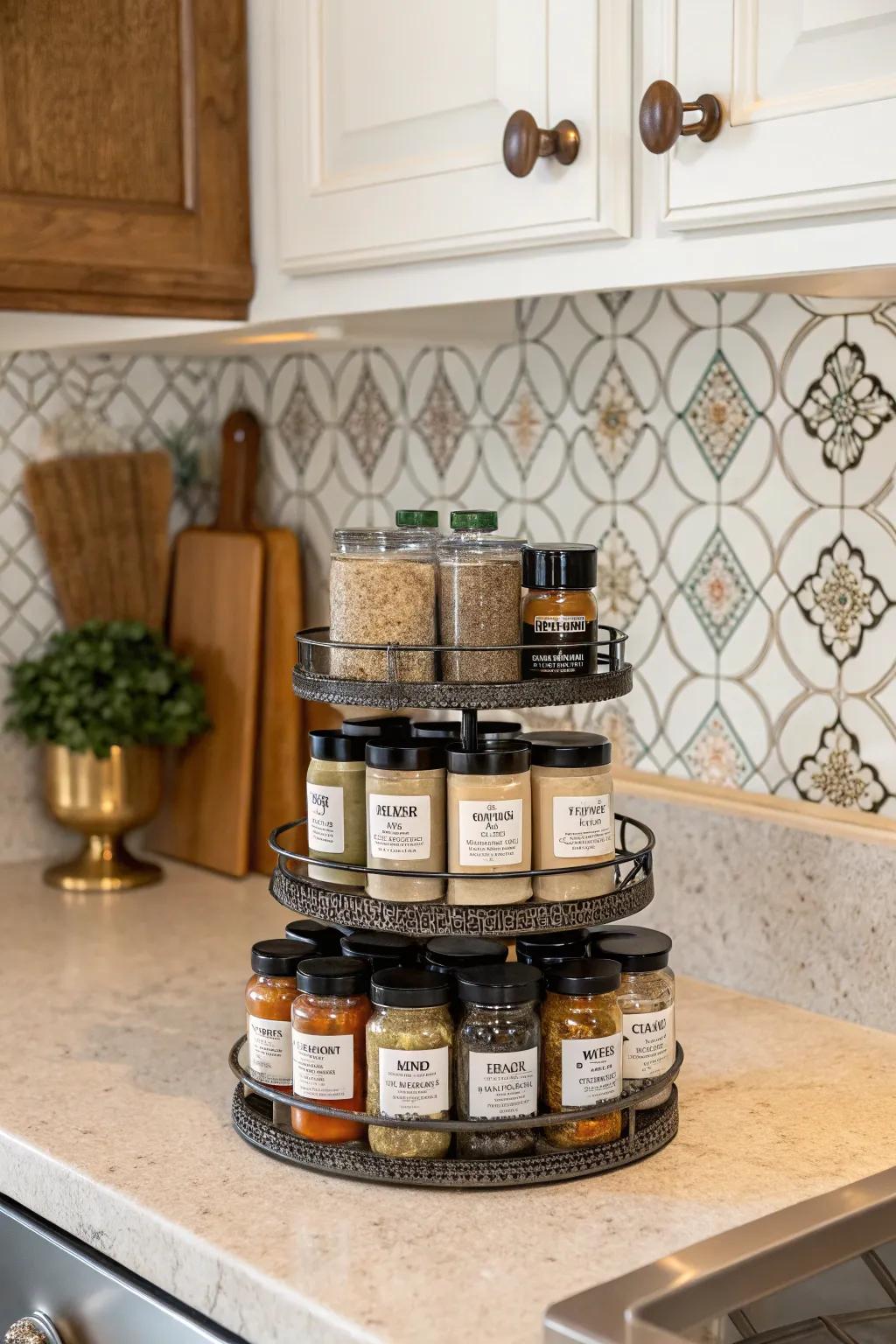 Tiered racks for an elegant and organized countertop.