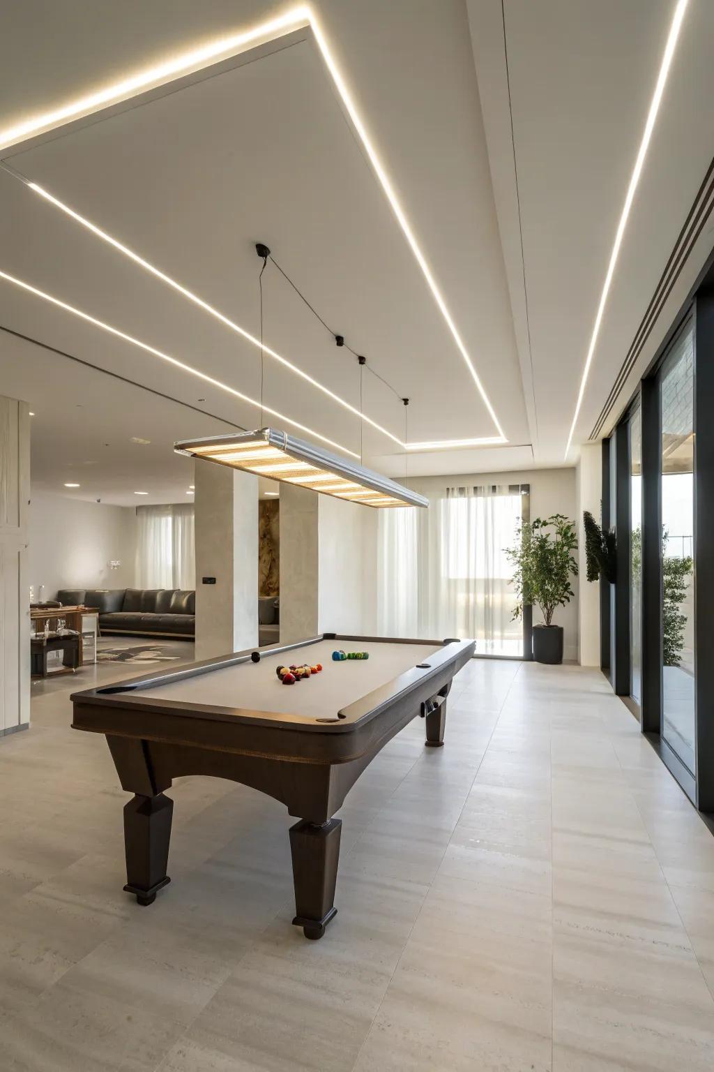 Modern minimalism creates an open and airy billiard hall.