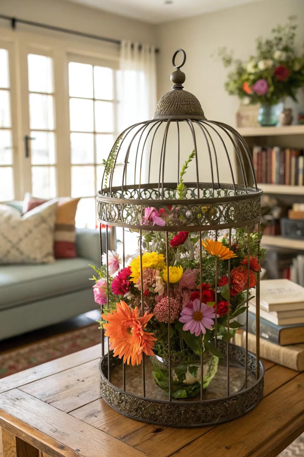 A bird cage bursting with colorful blooms, perfect for brightening any space.