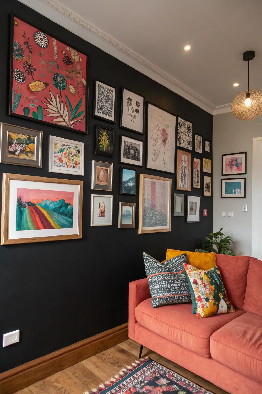 A black wall beautifully adorned with colorful artwork.