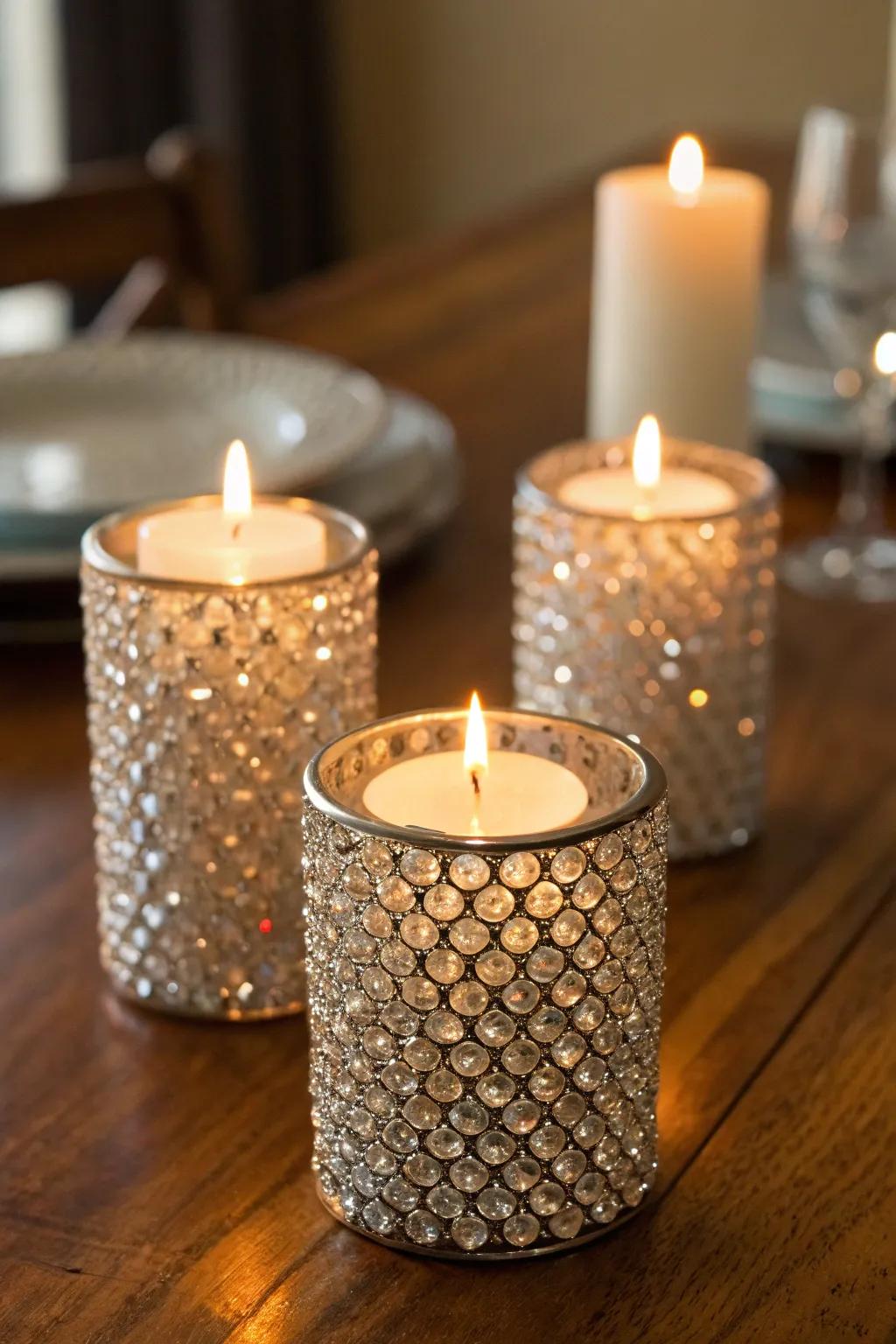 Candle vessels shimmering in the candle glow.