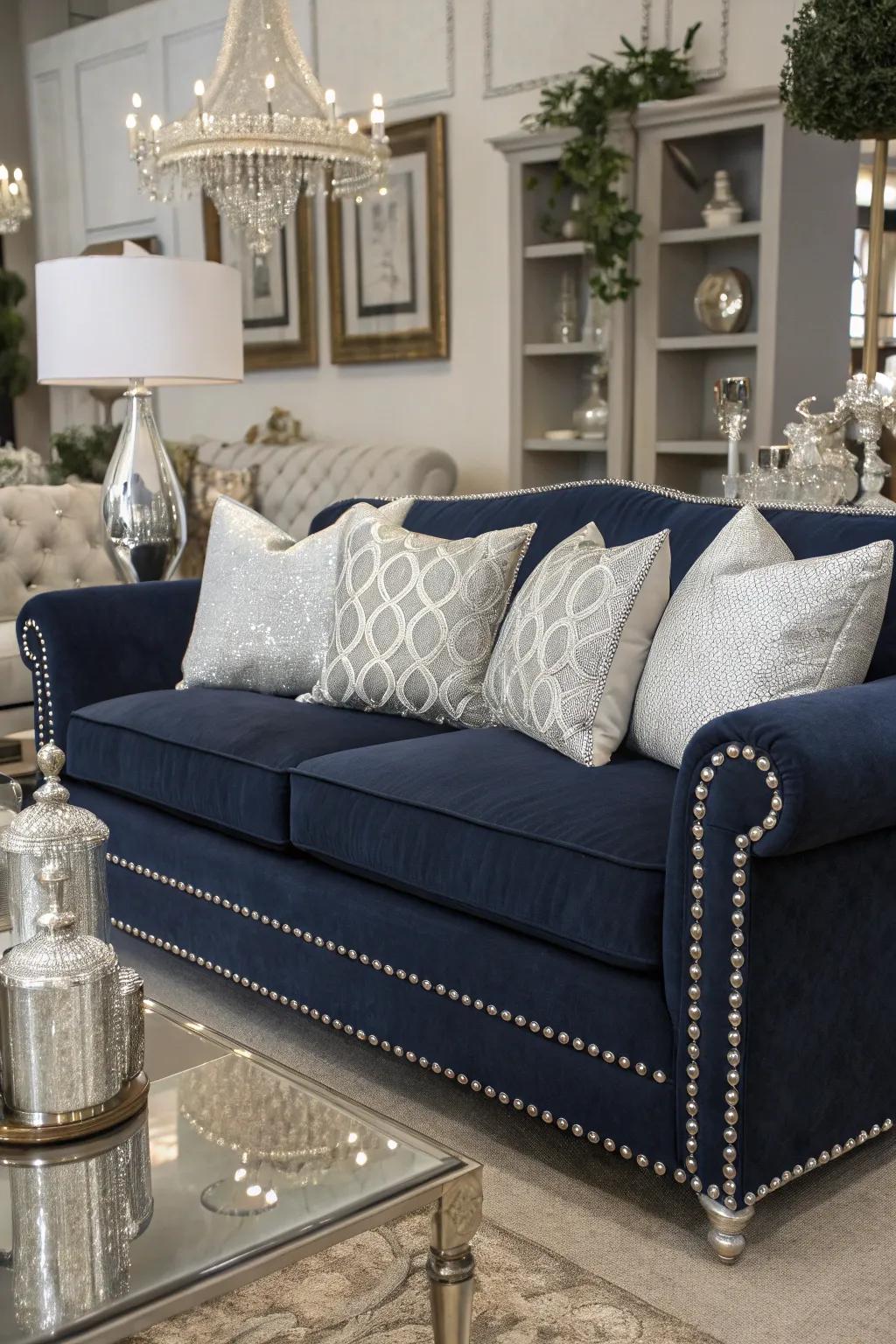The traditional pairing of deep blue and silver crafts a refined living room setting.