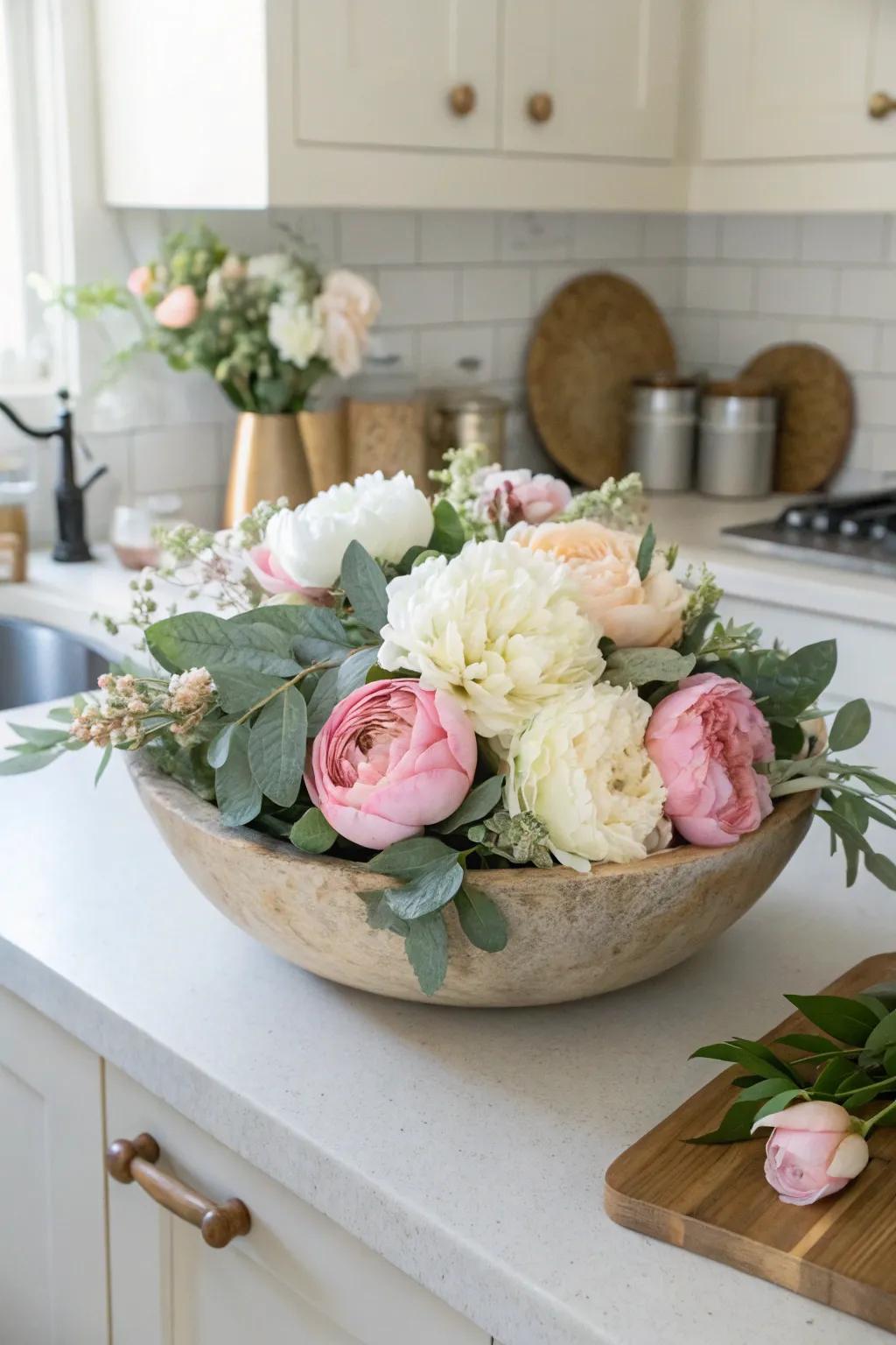 Spring blooms in a dough bowl add freshness to any space