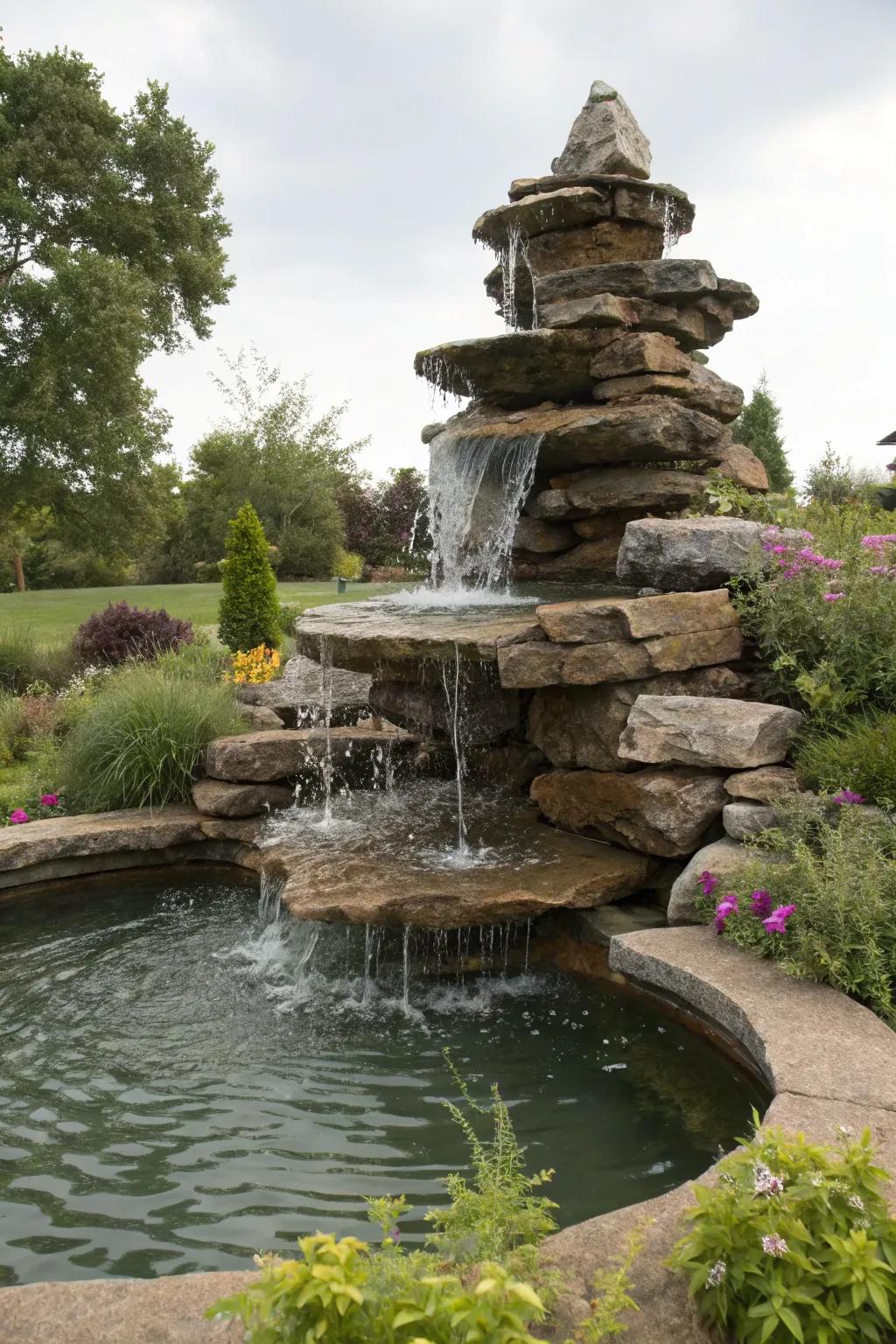 A multi-tiered fountain offers a dynamic and calming water display.