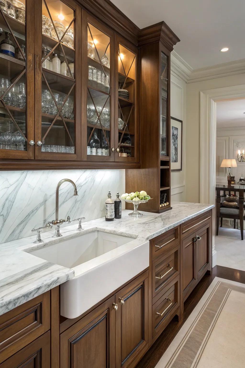 A convenient prep sink nestled in a marble counter.