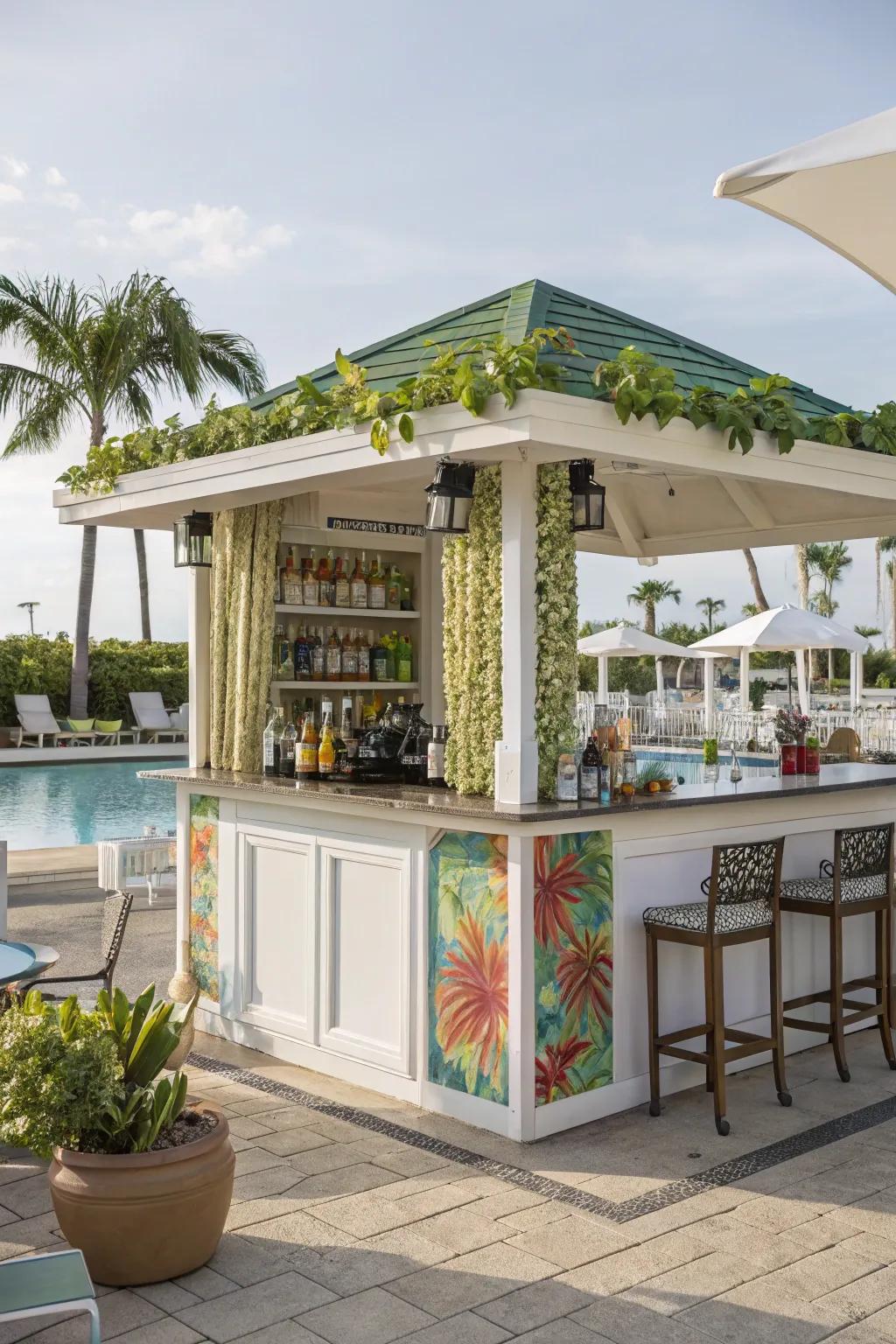 A cabana by the pool showcasing a sophisticated outdoor bar perfect for entertaining.