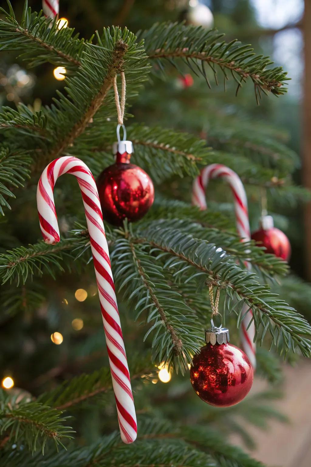 Peppermint stick baubles bring a sugary element to this festive tree.