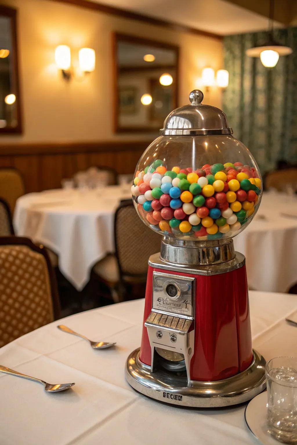 A gumball machine filled with colorful gumballs adds a nostalgic charm.