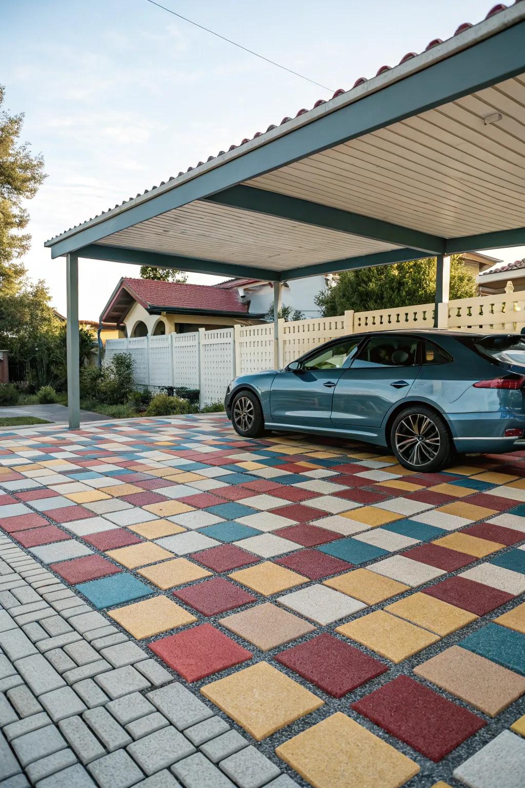 Create stunning patterns with interlocking tiles in your carport.