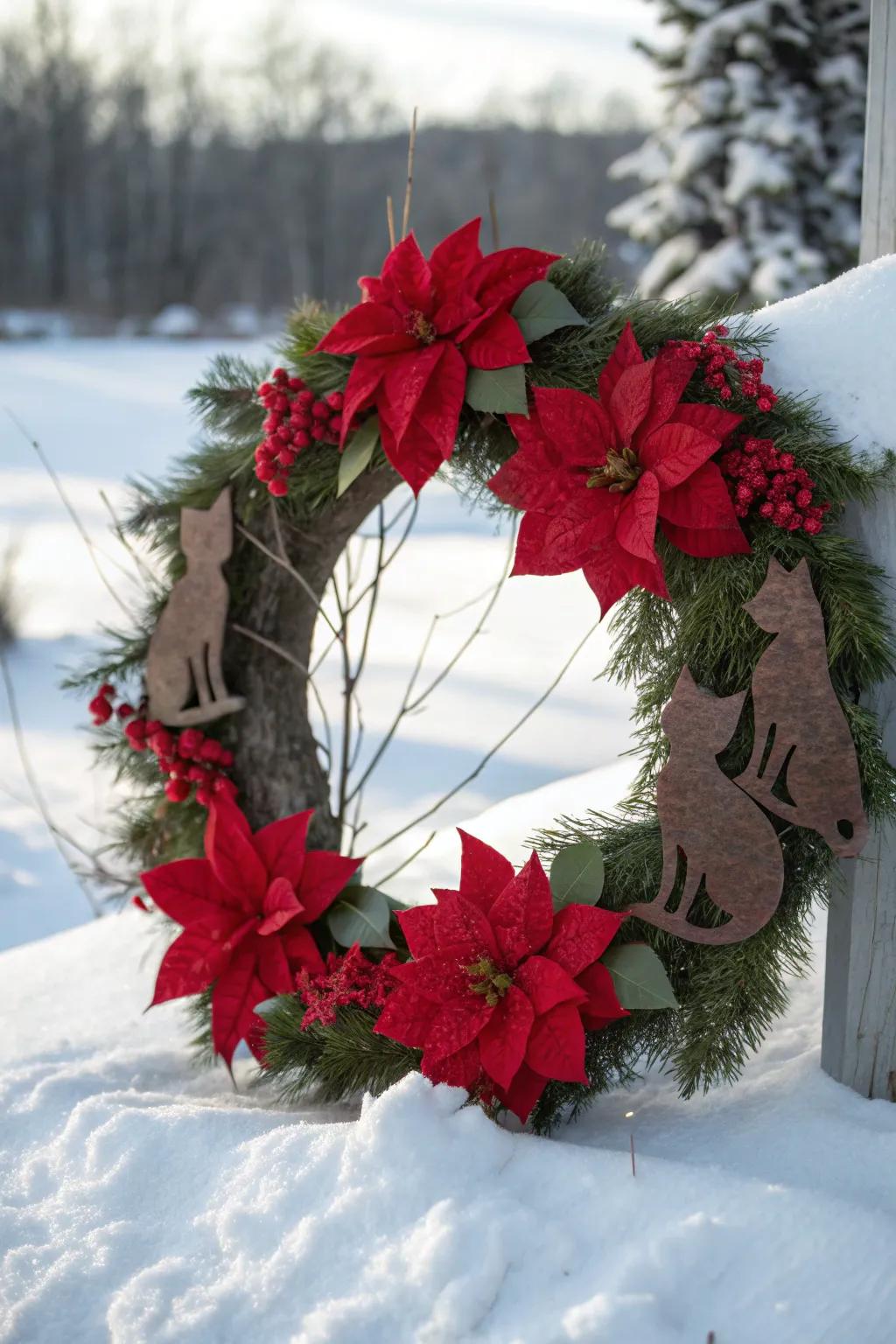 A festive poinsettia wreath with charming cat accents.