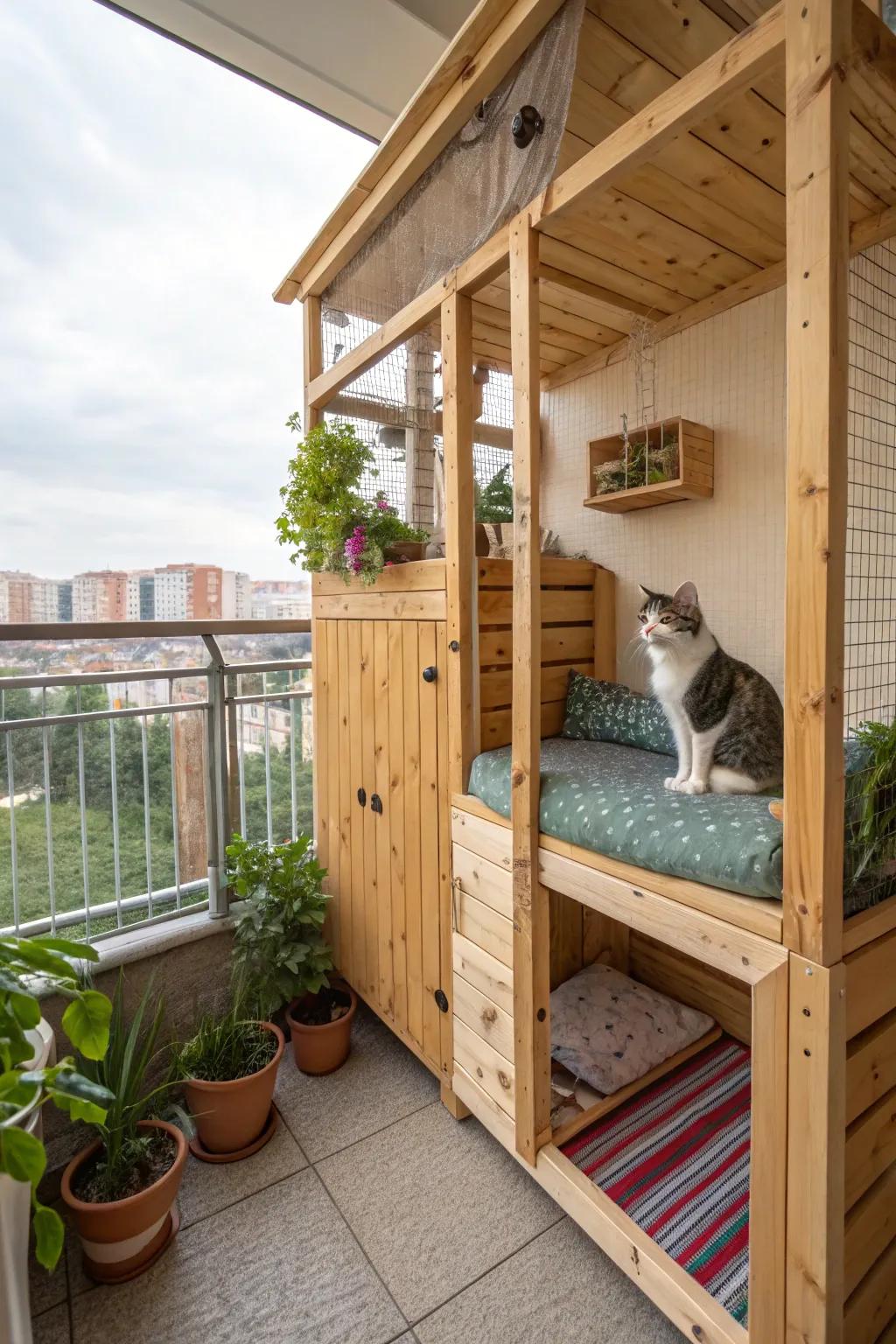 Build your own wooden catio for a personalized touch.