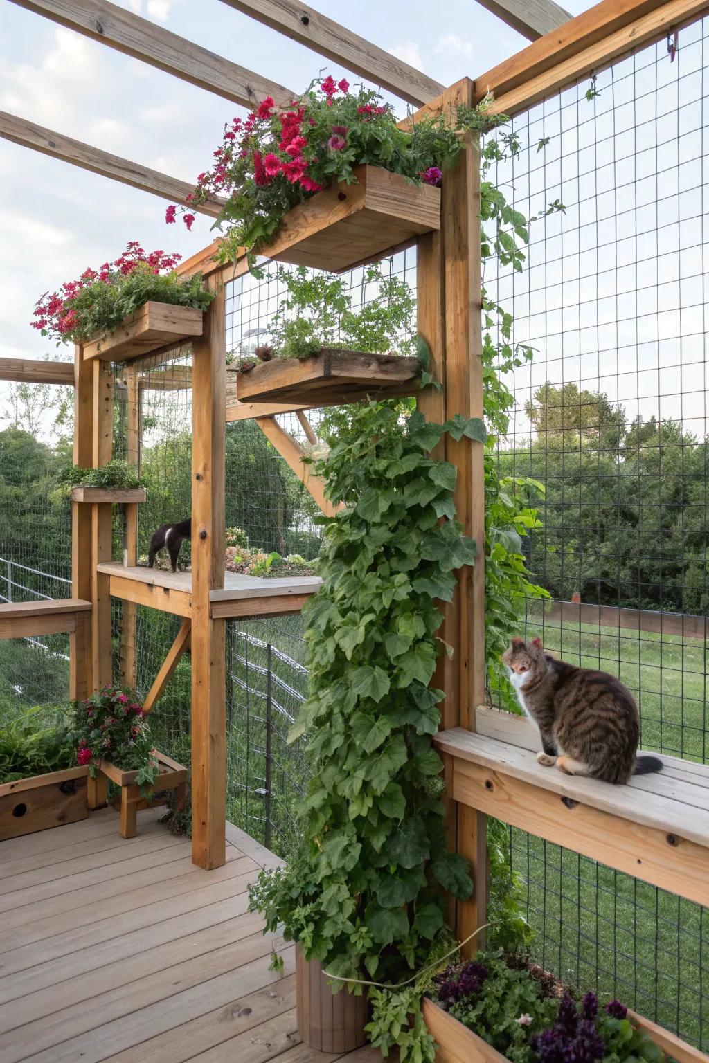 Natural climbing features integrated into a catio, creating a playful and aesthetically pleasing environment.