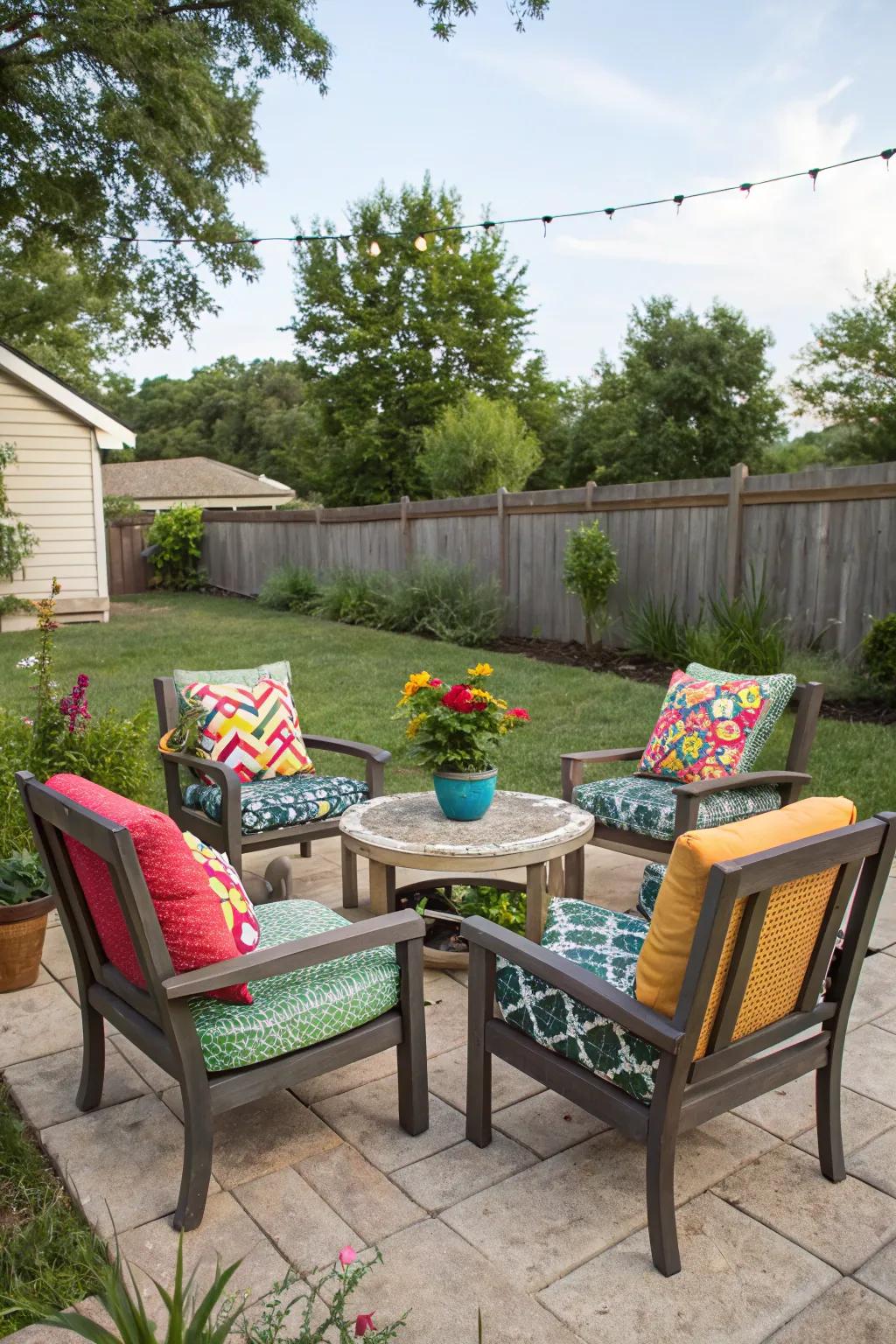 A snug seating corner fashioned from repurposed furniture and colorful cushions.