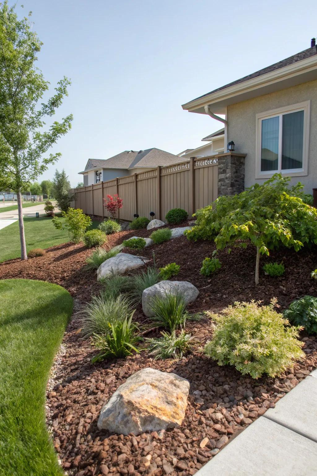 Mulch and rocks offer a natural and easy-to-maintain landscape.