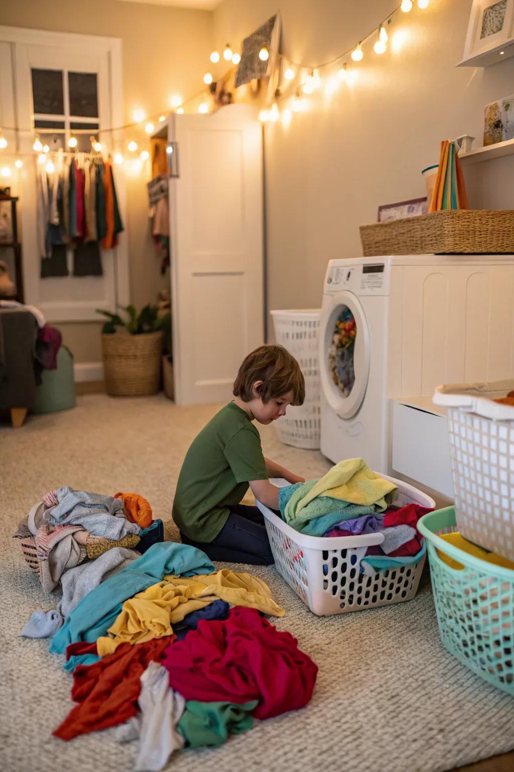 A young child sorting colorful laundry into baskets.