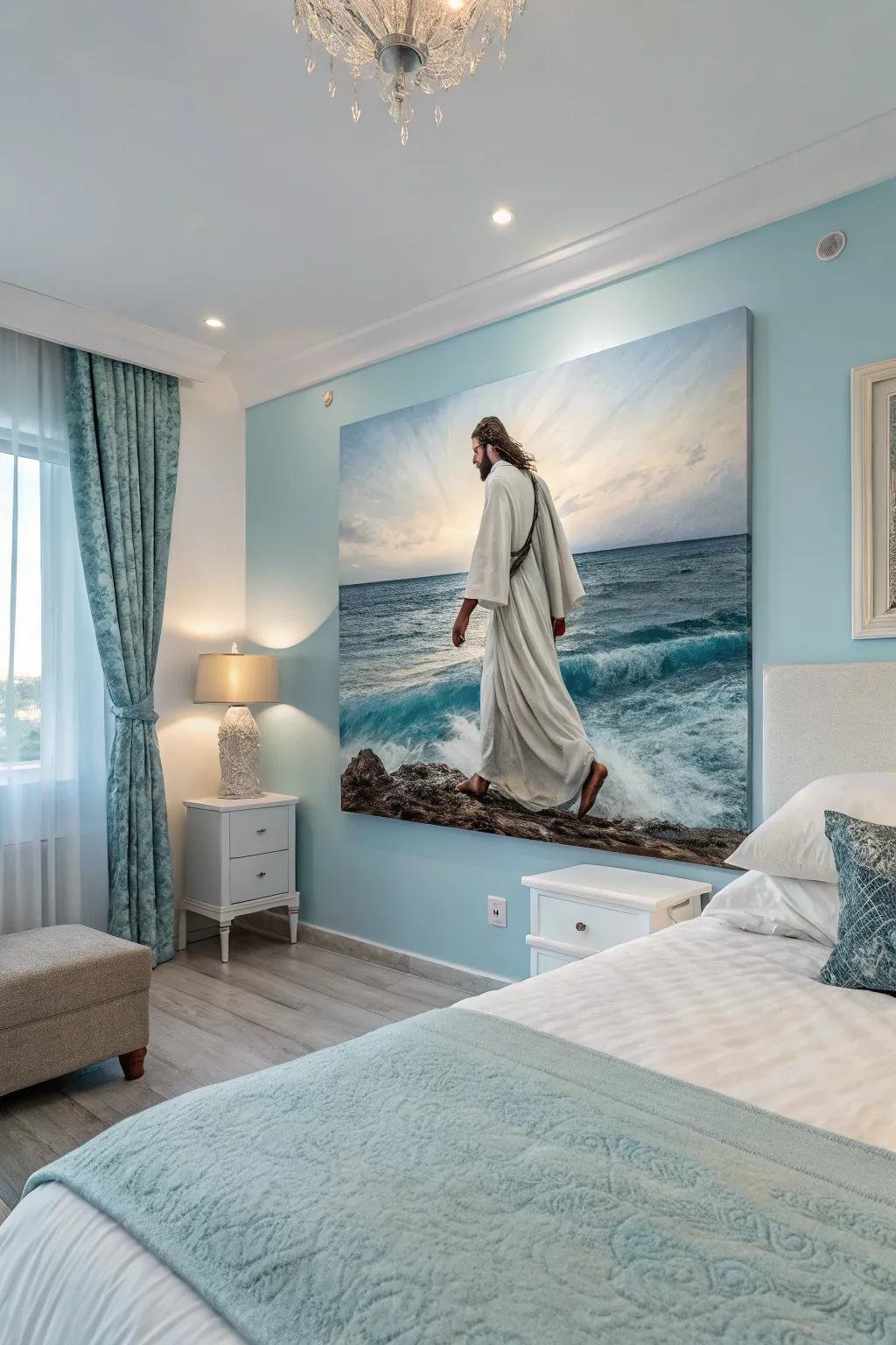 A comforting artwork of Faith's Figure afloat provides a serene atmosphere suitable for a bedroom.