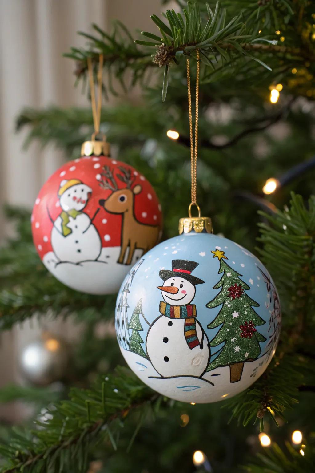 Hand-painted ornaments featuring holiday characters bring charm to your decor.