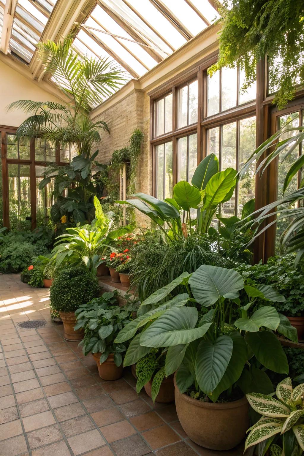 A lush indoor jungle within a conservatory, showcasing a variety of plants.