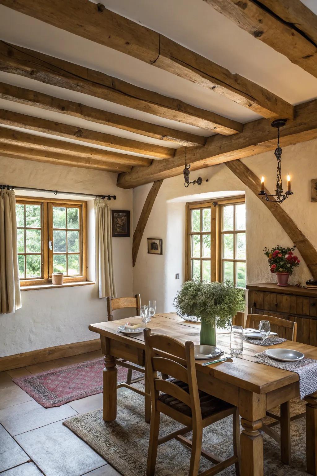 A rustic dining area highlighting raw wood beams and furnishings.