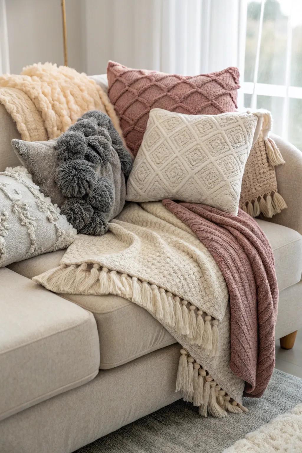 Layered textiles create an inviting and comfortable atmosphere.