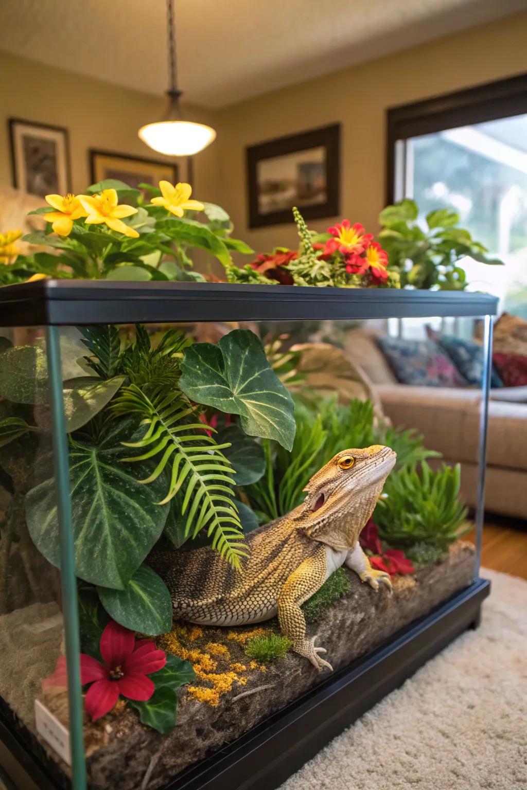 A bearded dragon tank transformed into a tropical retreat with vibrant plants.