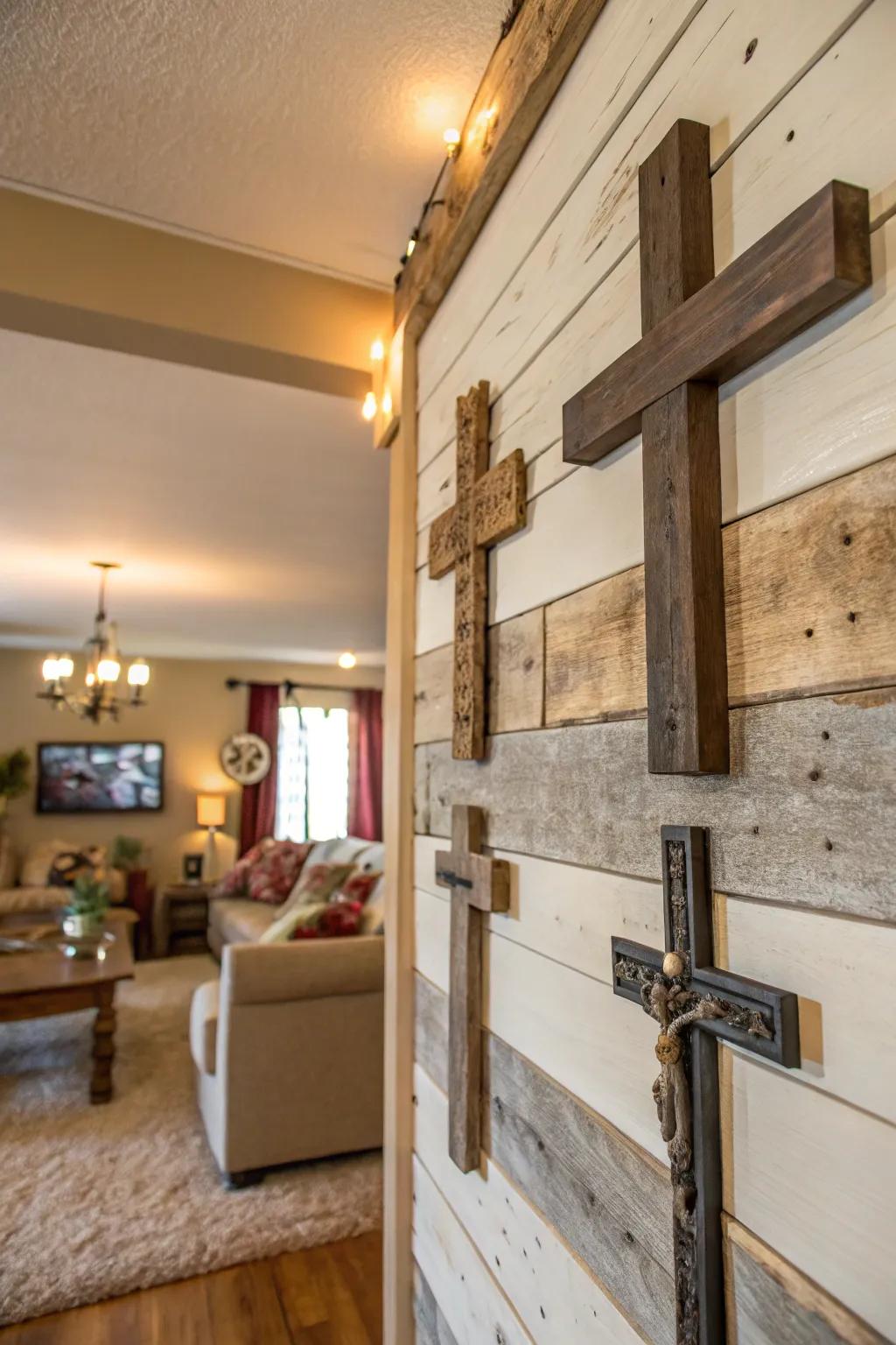 Countryside wall design highlighting timbered and metallic dividers.
