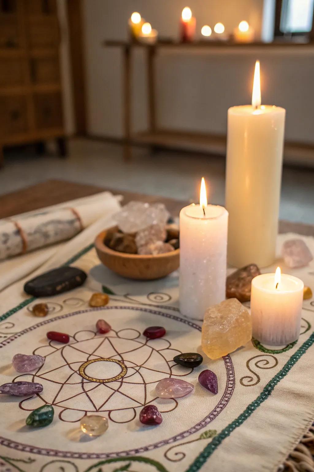 Candles enhance the cozy ambiance of this crystal altar.