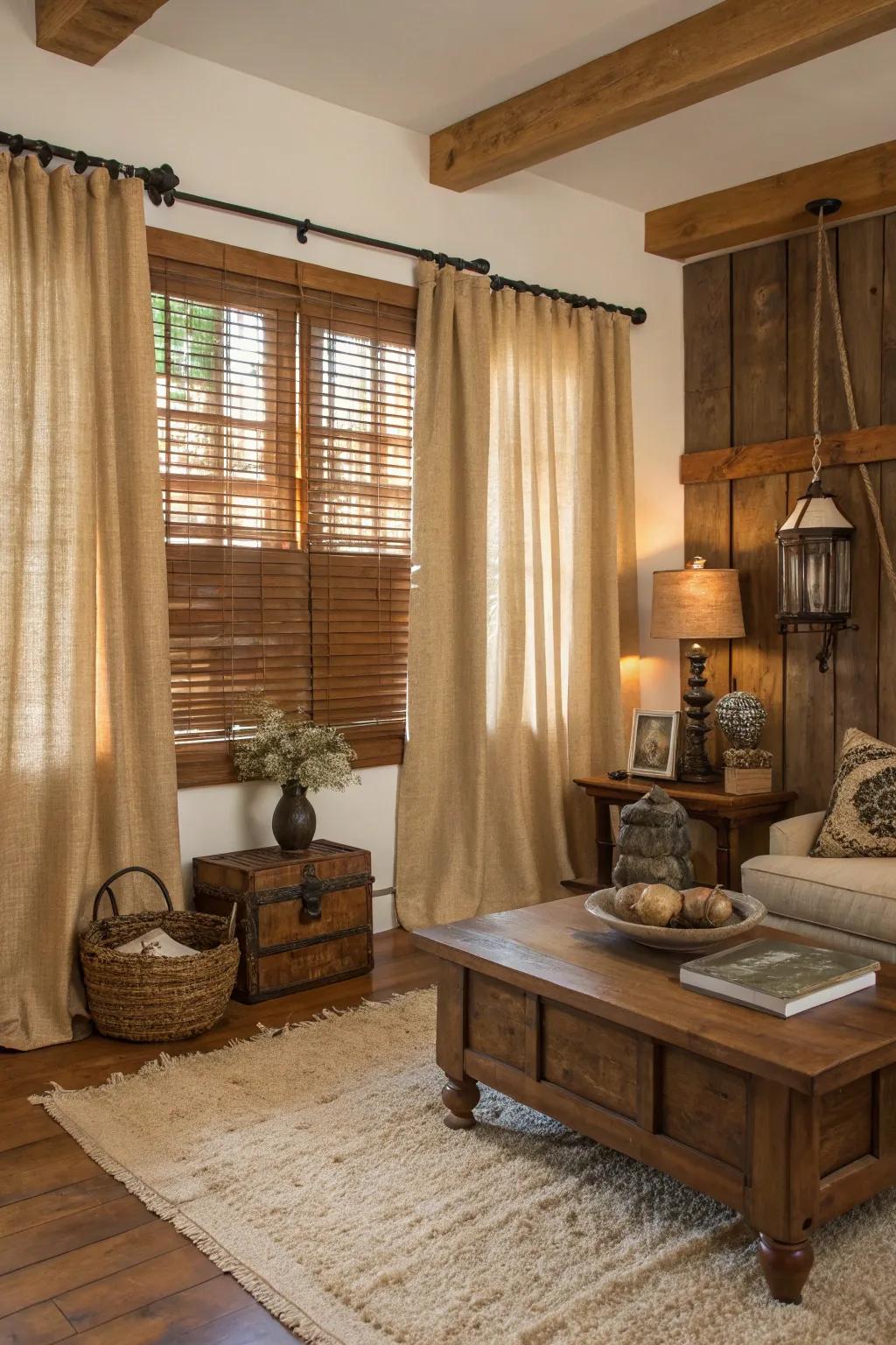 <strong><em>Hessian</em></strong> and timber unite to form a cozy, countryside-inspired window adornment.” loading=”lazy” class=”pimg”>
	</picture><figcaption><strong><em>Hessian</em></strong> and timber unite to form a cozy, countryside-inspired window adornment.</figcaption></figure>
<p>Merge <strong><em>hessian</em></strong> window coverings with timber blinds to conjure a rustic and inviting atmosphere. I’m captivated by the way this fusion infuses a hint of nature into a room.</p>
<h3>Might be a good match:</h3>
<ul class=