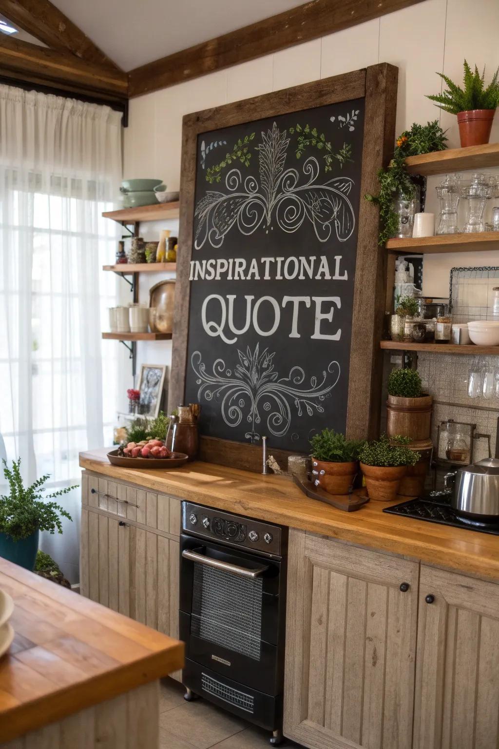 A kitchen chalkboard featuring an inspirational quote to start the day right.