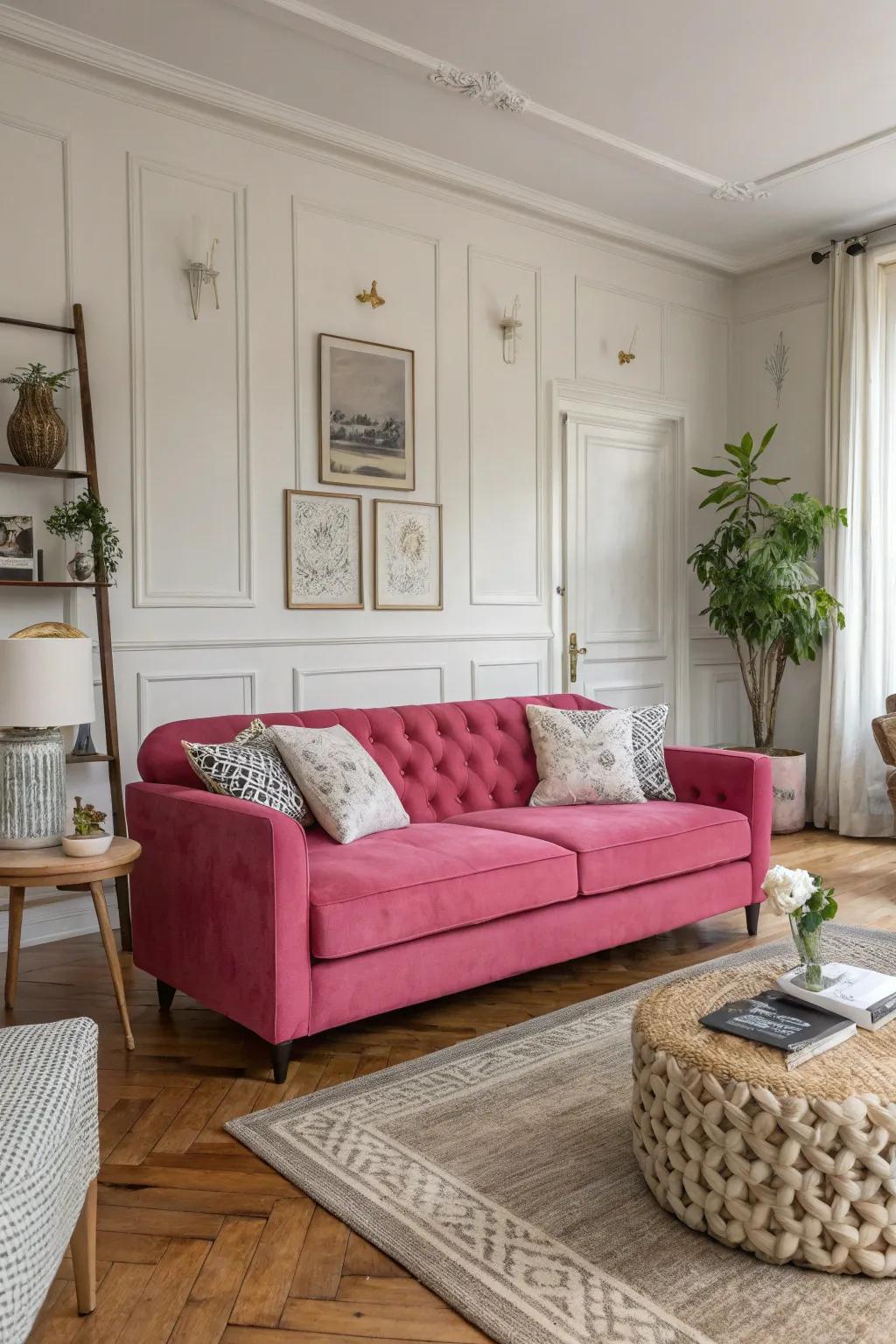 A striking rose couch transforms into the primary point of interest within this elegant lounge.