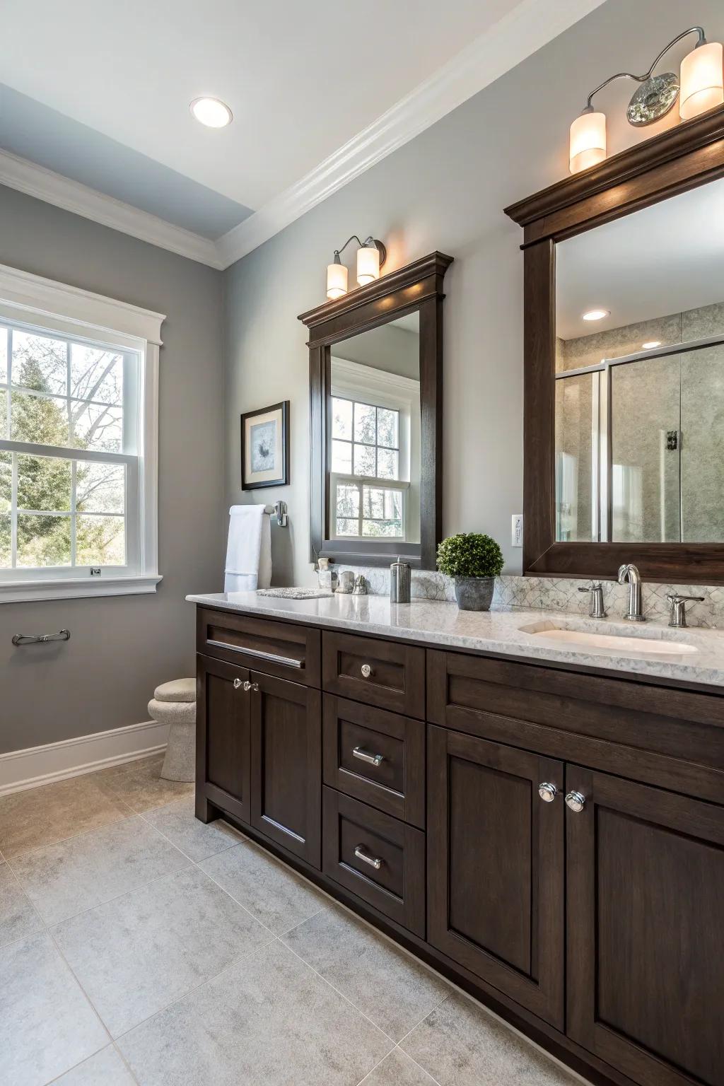 Dark wood cabinets contrasted beautifully against light gray walls.