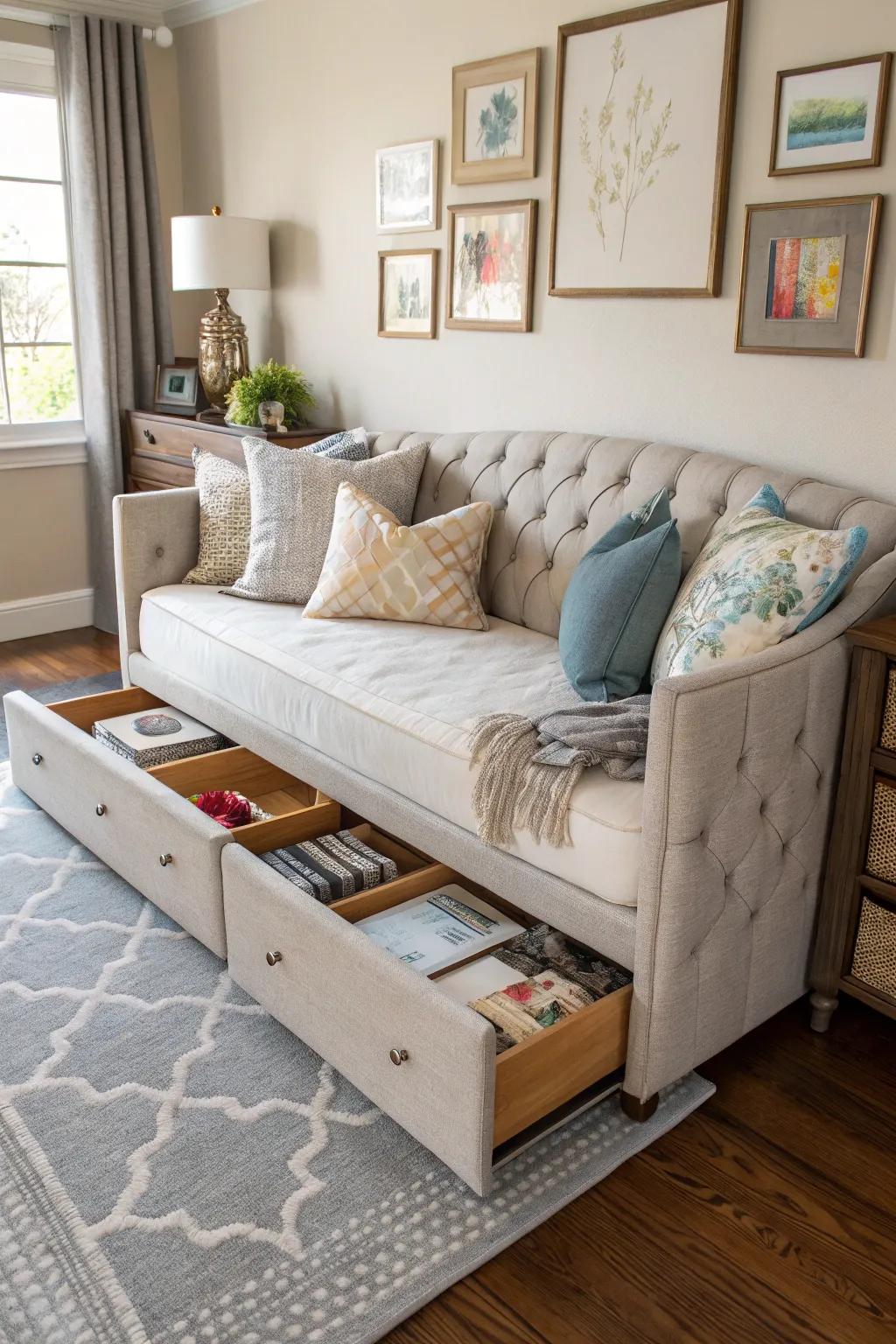 A daybed with storage drawers, perfect for keeping your space tidy and clutter-free.