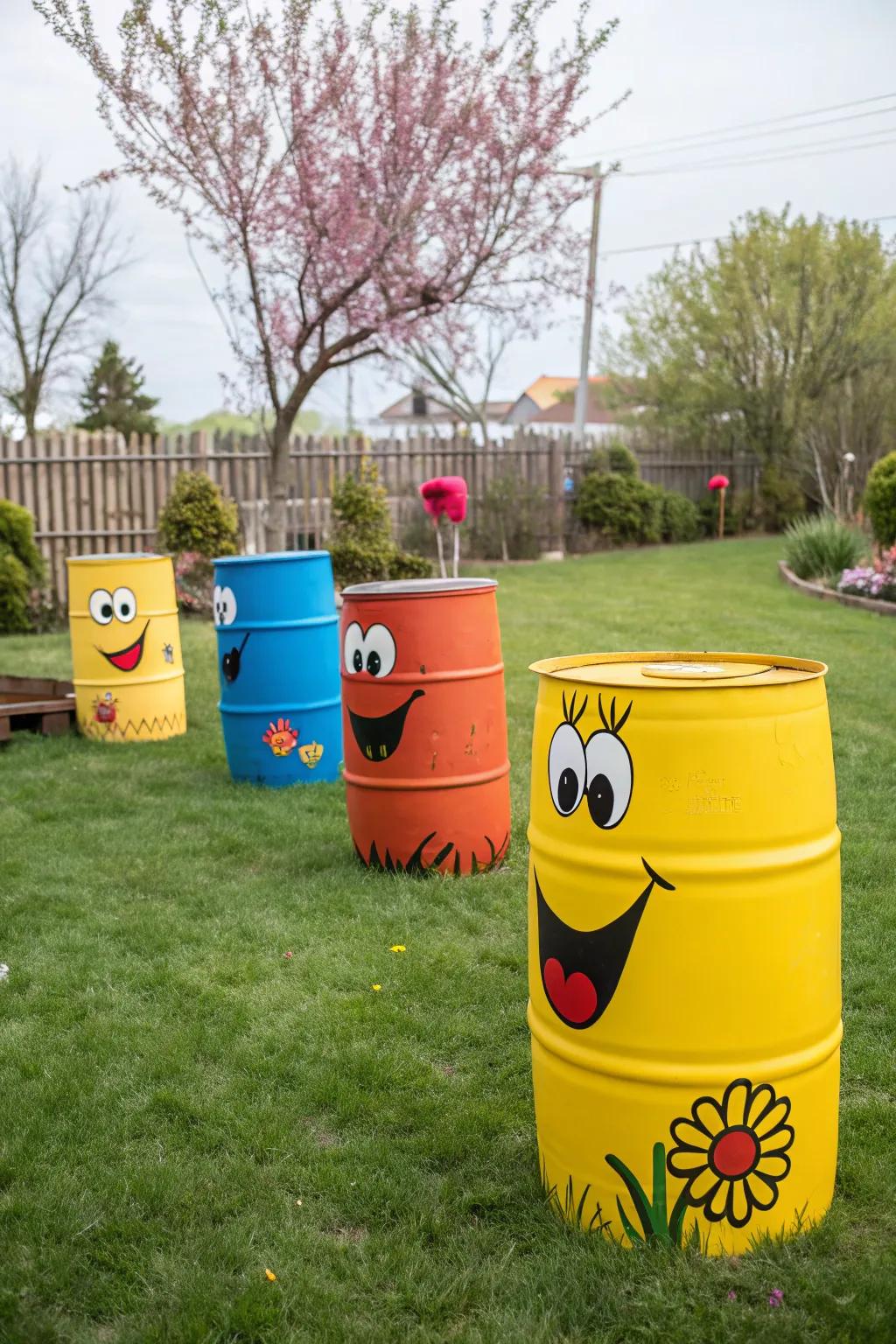 Barrels transformed into whimsical characters