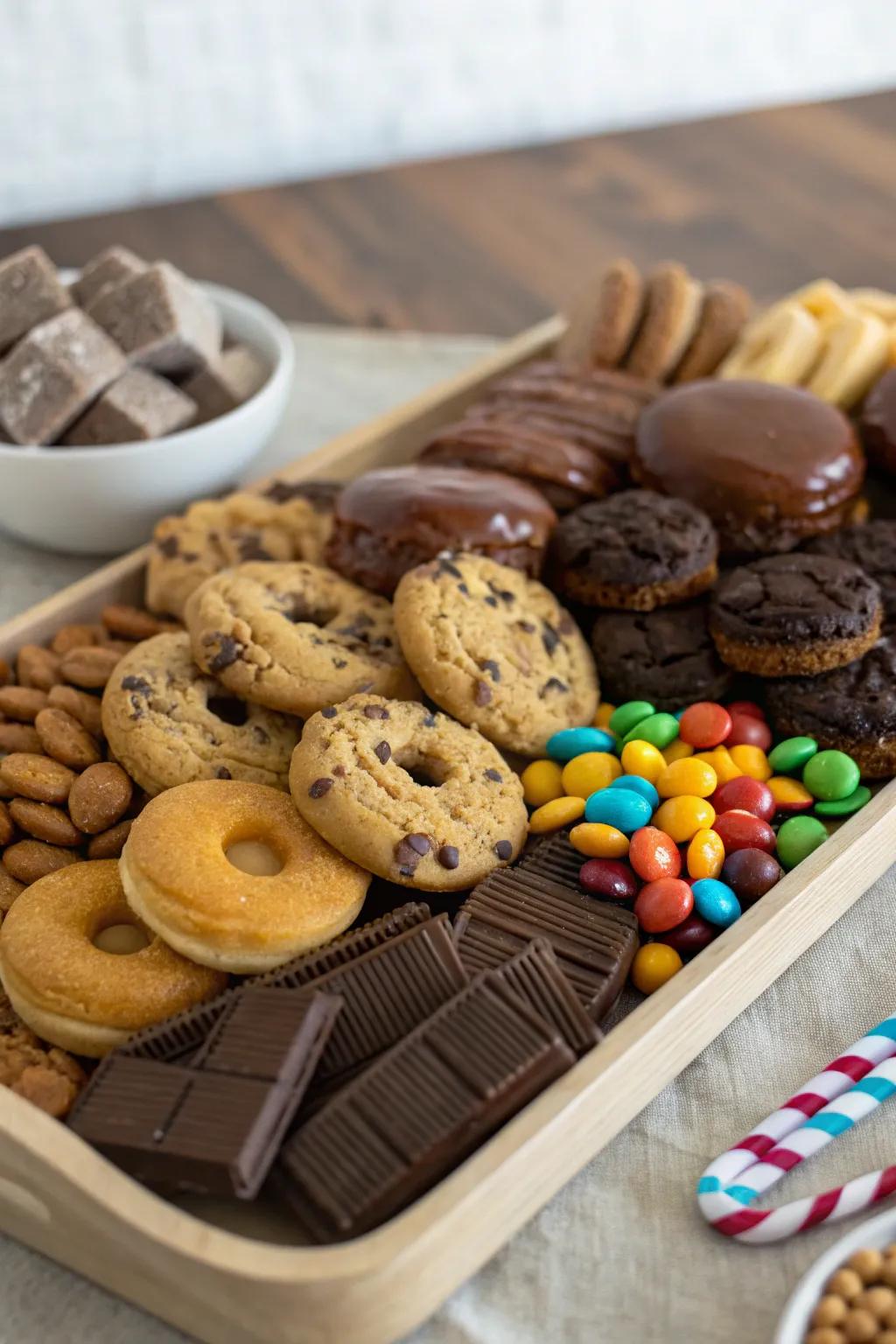 A dessert platter with assorted cookies, donuts, and candies in earthy tones.