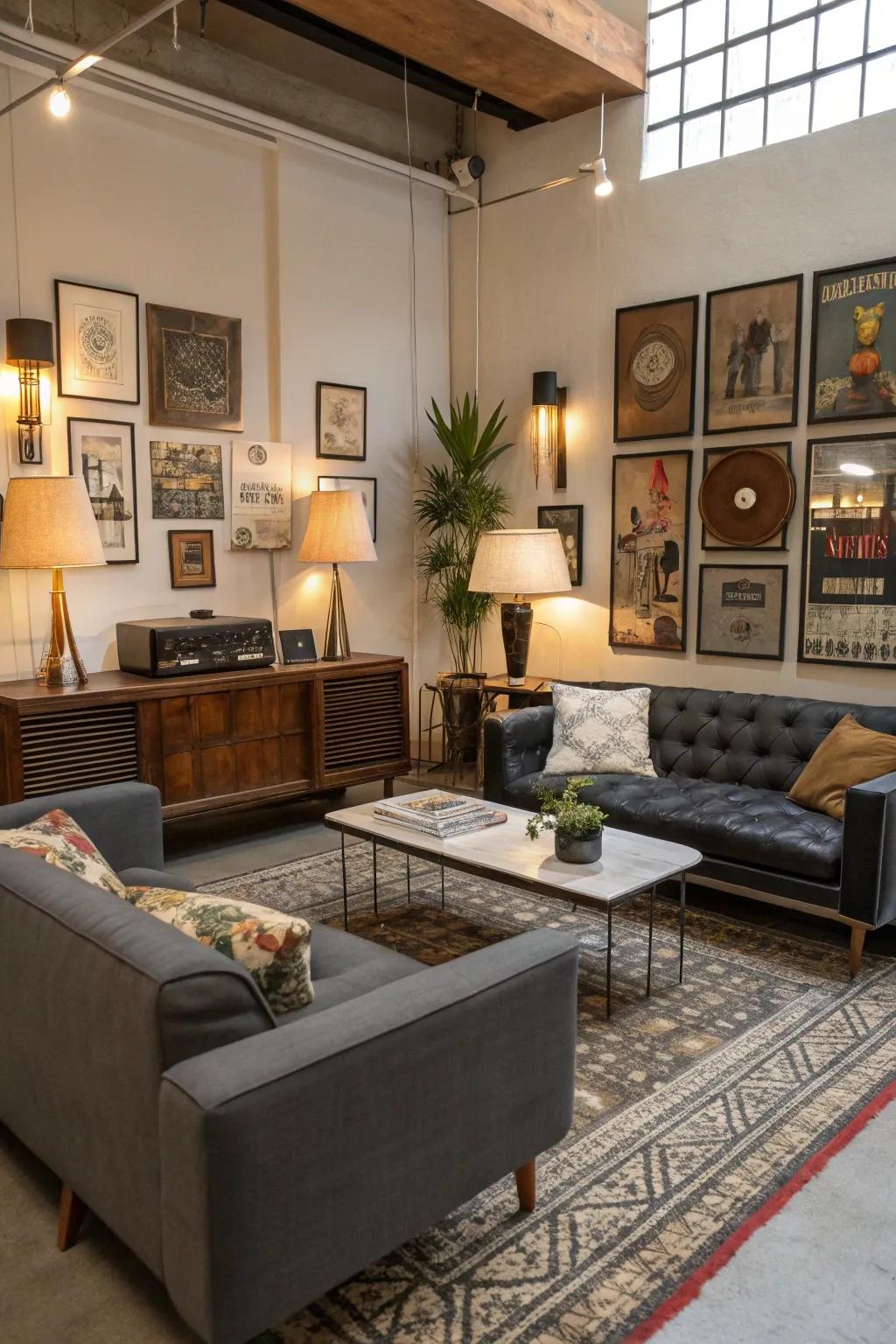 An eclectic living room that beautifully blends modern and vintage decor.