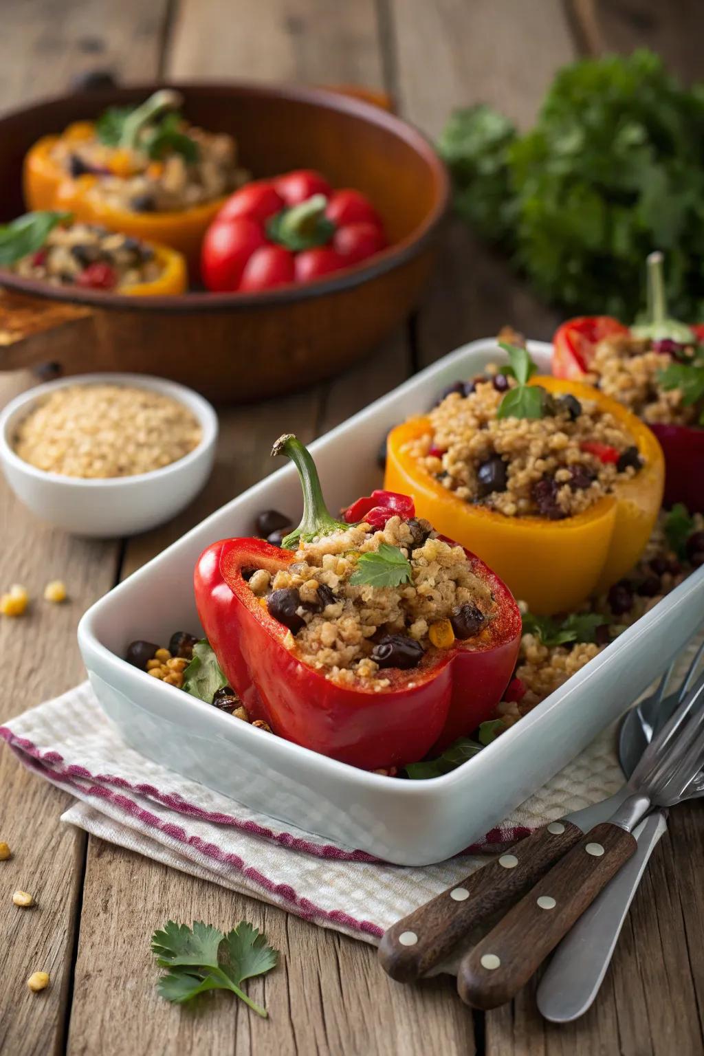 Vibrant stuffed bell peppers filled with quinoa and beans.