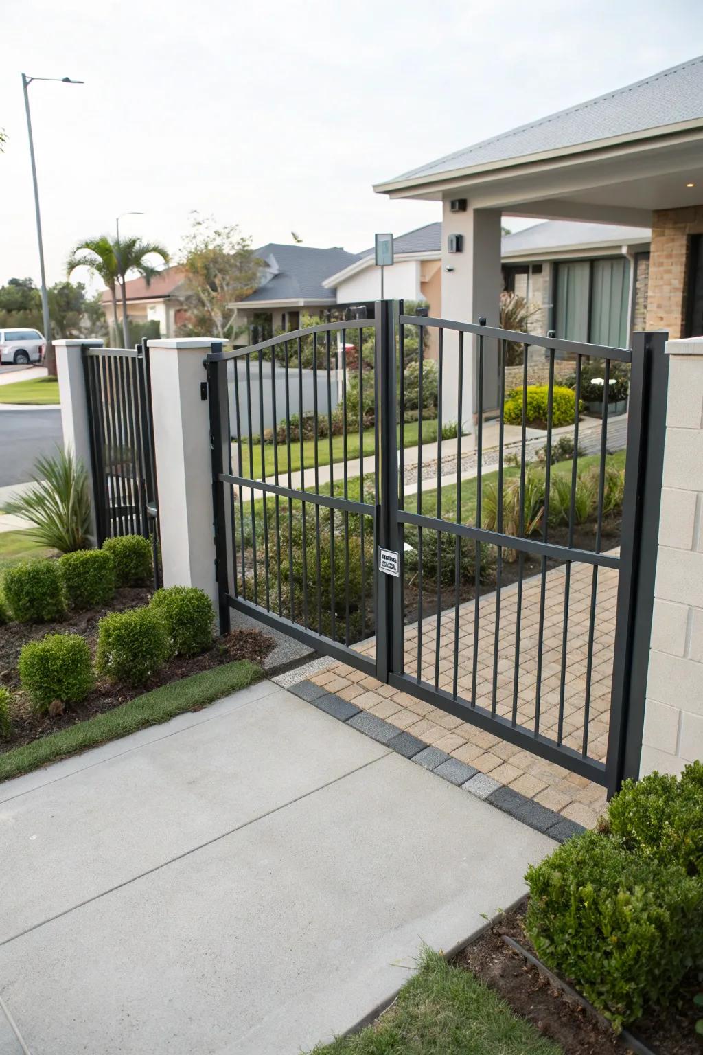 A sleek metal double swing gate accentuating a modern home's entrance.