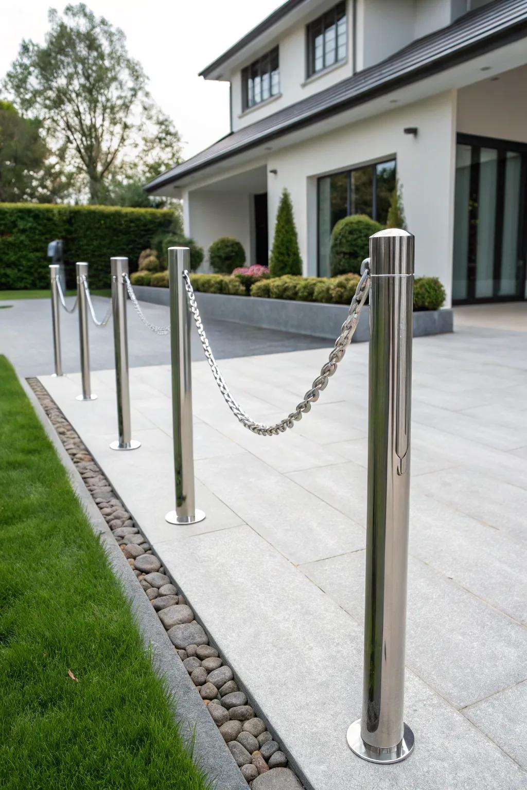 Sleek metal posts paired with a silver chain for a modern look.