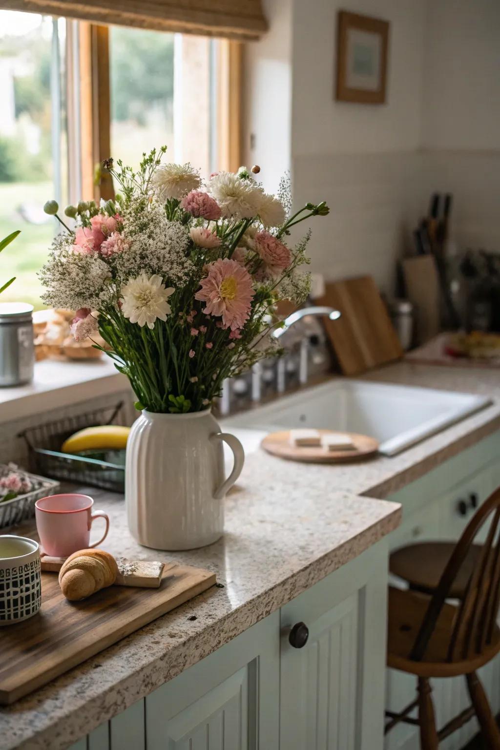 A beautiful floral arrangement in pastel colors brightens up the kitchen.