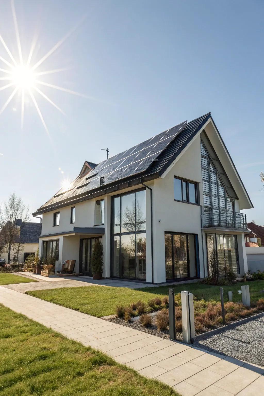 A contemporary home fitted with solar panels, capturing the sun's radiant energy.