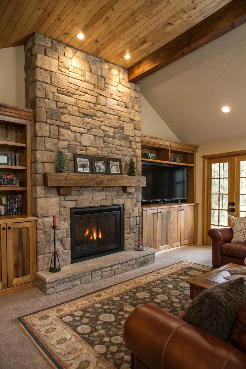 A rustic living room with a stone-clad electric fireplace and warm wooden accents.