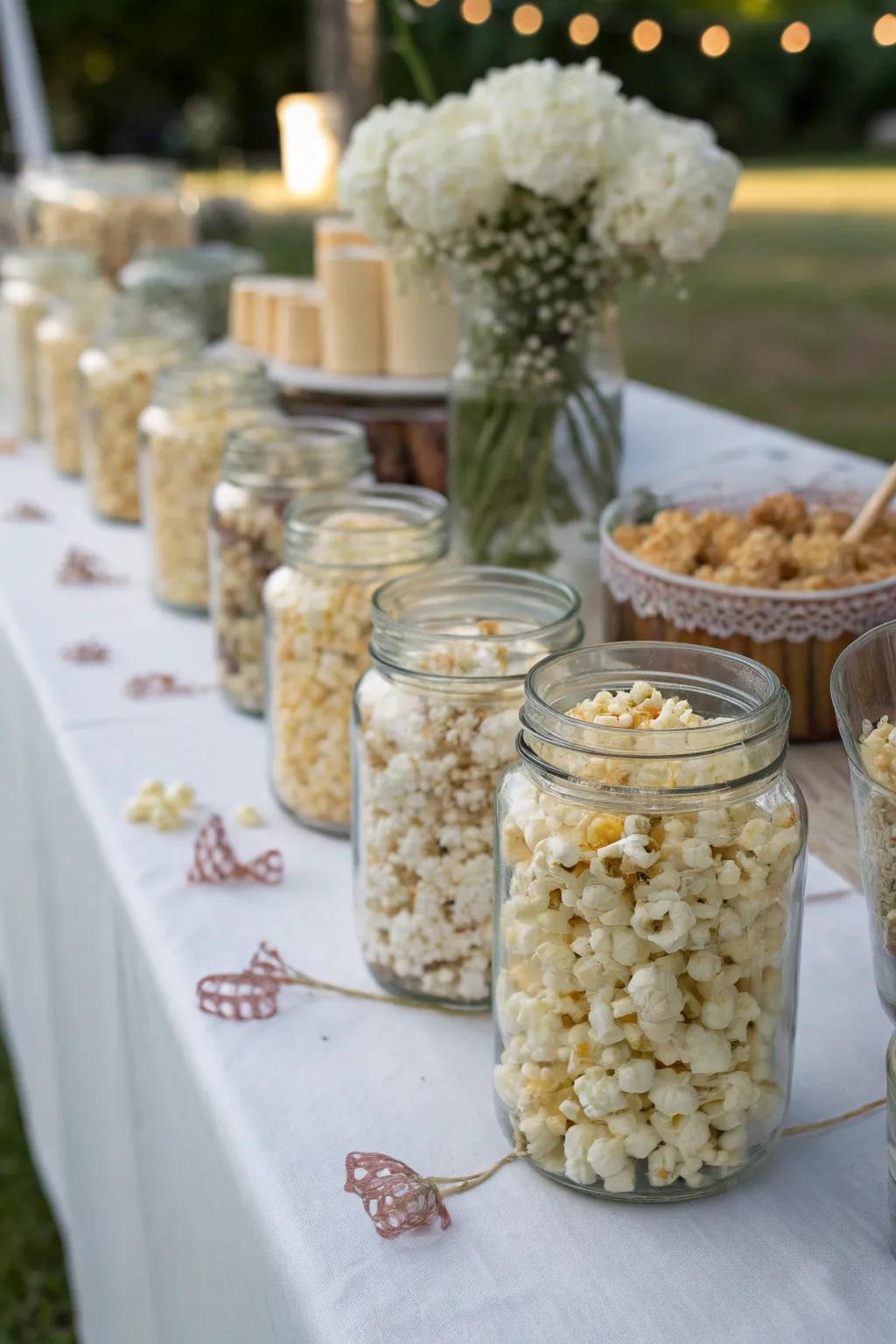 Popcorn displayed in an assortment of vintage glass jars, adding charm to the wedding setup.