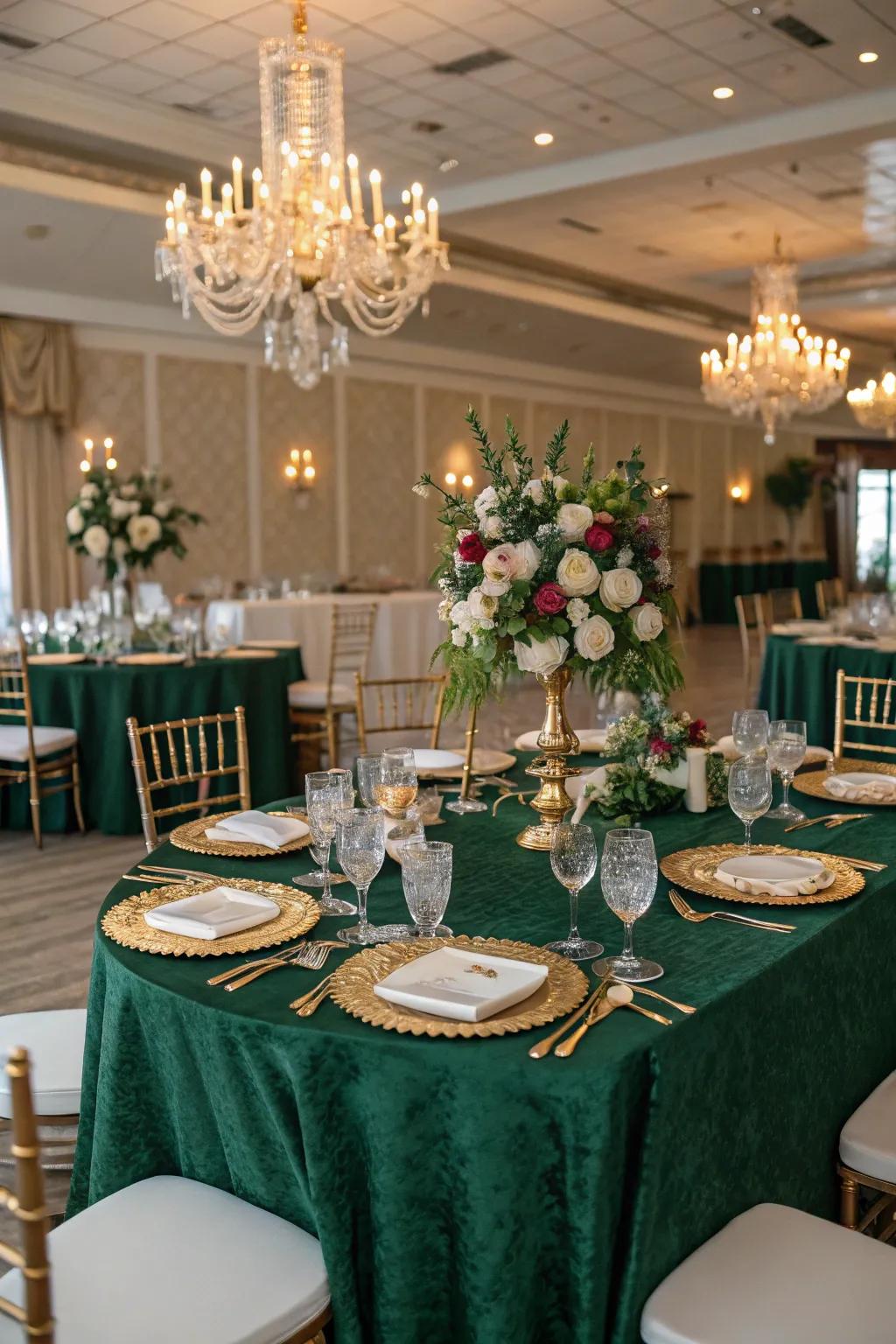 A luxurious tablescape featuring emerald green and gold accents.