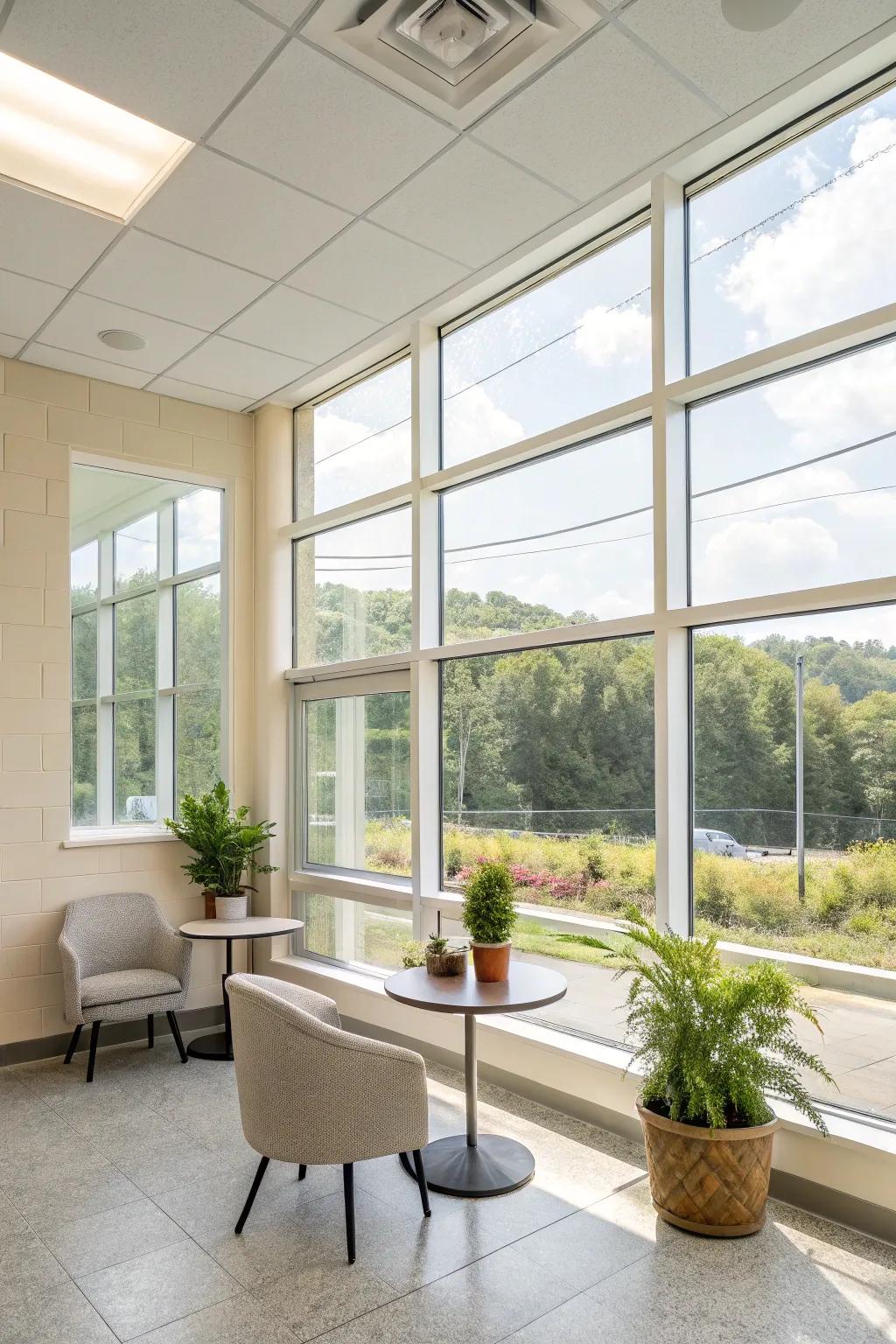 Sunlight floods this airy break room, creating warmth.
