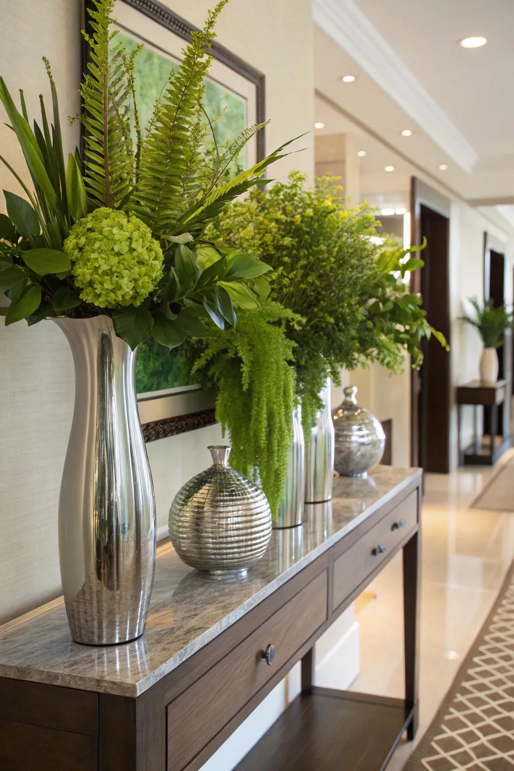 Vases with greenery bring a natural, vibrant touch to your entryway.